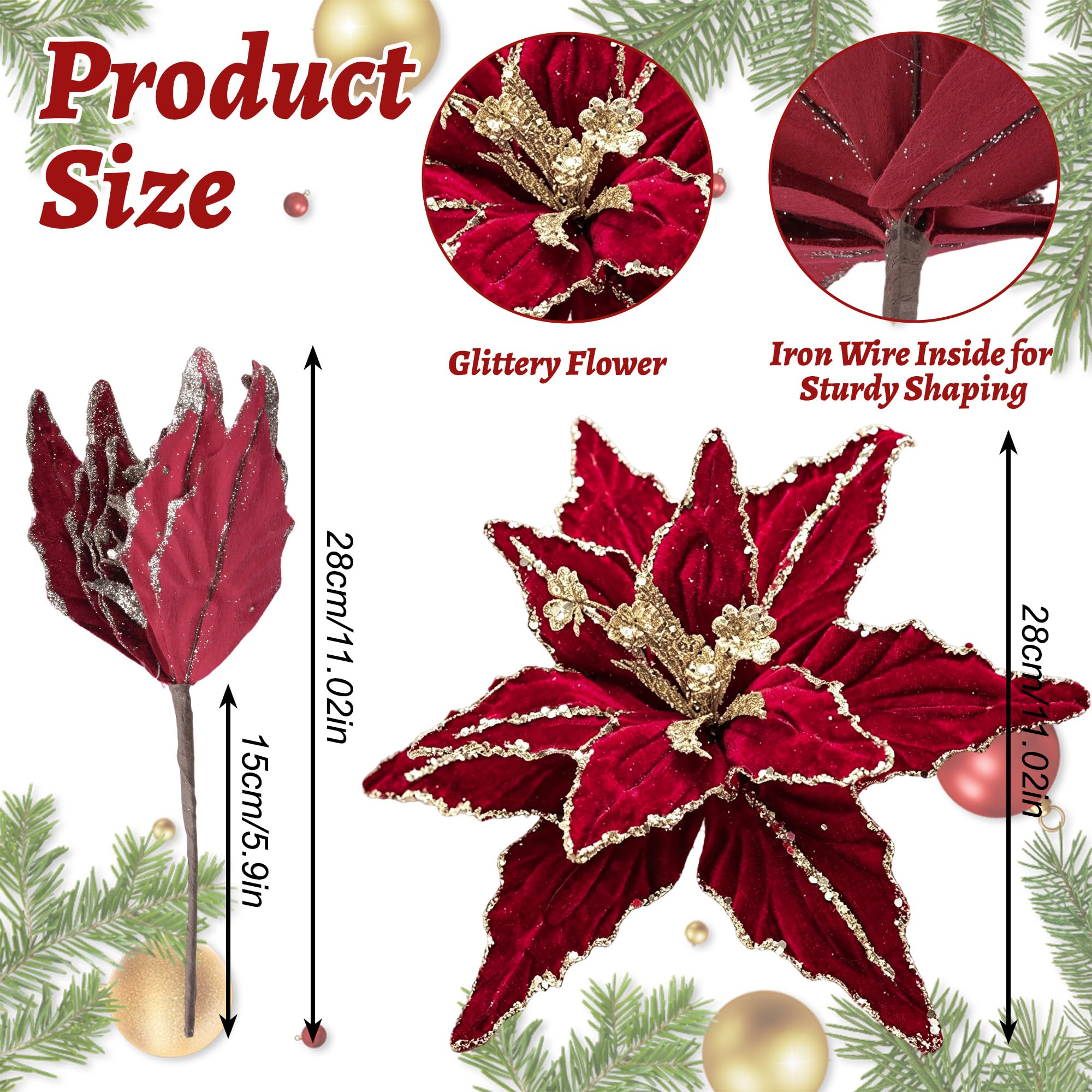 WANDIC 8X künstliche Weihnachtsblumen – Poinsettia 28cm | 8 künstliche Weihnachtsstern-Blumen mit Glitzer (28cm). Ideal als Baumschmuck, Kranzdeko oder Tischdekoration.