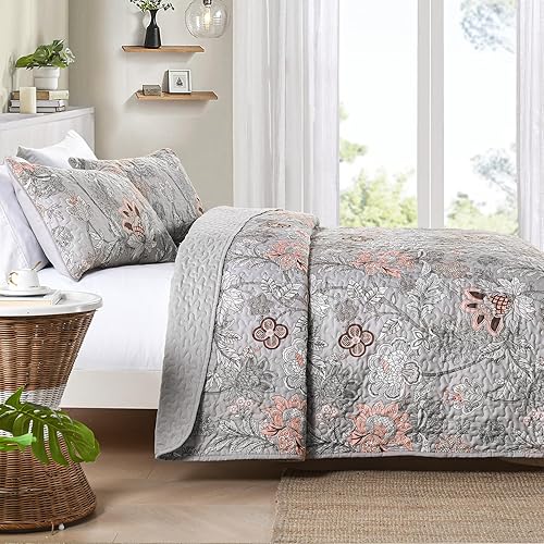 Miniatura 4 de WONGS BEDDING Juego de edredón floral tamaño Queen, juego de ropa de cama tamaño Queen botánico gris, juego de ropa de cama de microfibra suave y