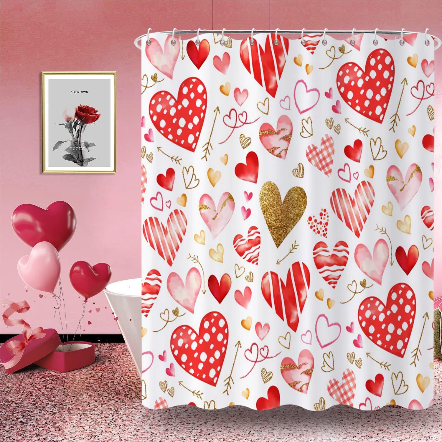 Caheansi Valentine Shower Curtain, Red and Gold Graffiti Style Love Heart Romantic Girly Bathroom Curtain Waterproof Fabric Machine Washable with