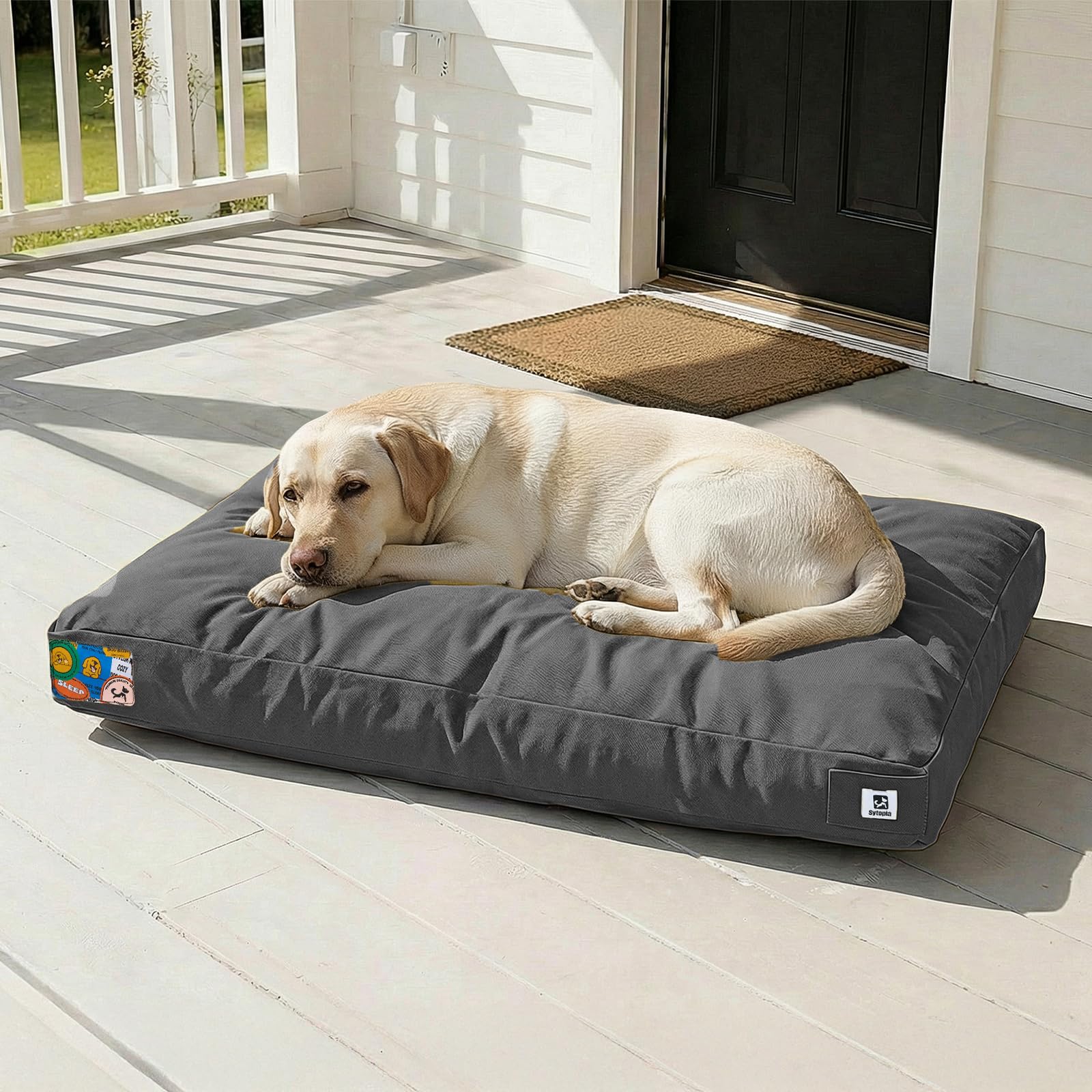 Sytopia 42 Inch Canvas Outdoor Dog Bed for Extra Large Dogs, Waterproof Washable Removable Cover, Indoor Patio Pet Pad for Crate, Dark Grey