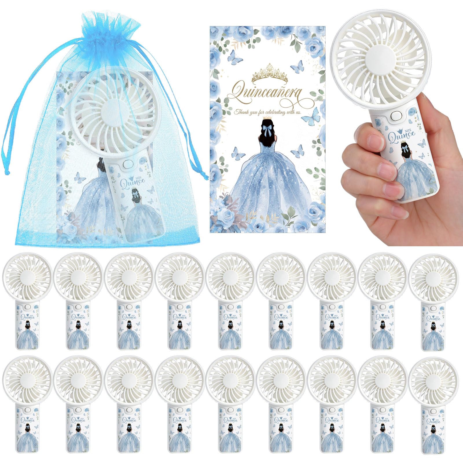 Tuanse Juego de 25 recuerdos para 15 años de quinceañera, recuerdos de fiesta para fanáticos de quinceañera, regalos para invitados, ventiladores eléctricos portátiles de mano con tarjetas de