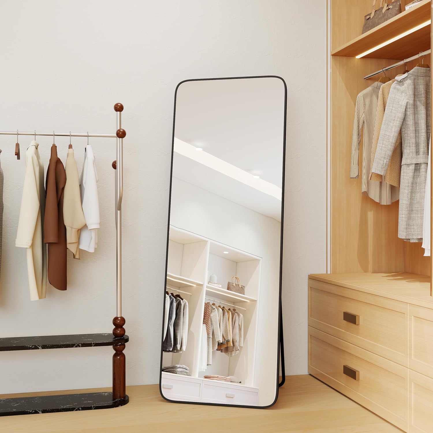 NARCISSUS 57x20 Mirror Door Hanging Full Length Body with Floor Stand or Wall Mounted Metal Aluminum Frame Tempered Glass Rectangle Mirrors for Bedroom Dressing Living Room Bathroom 57 inch Black