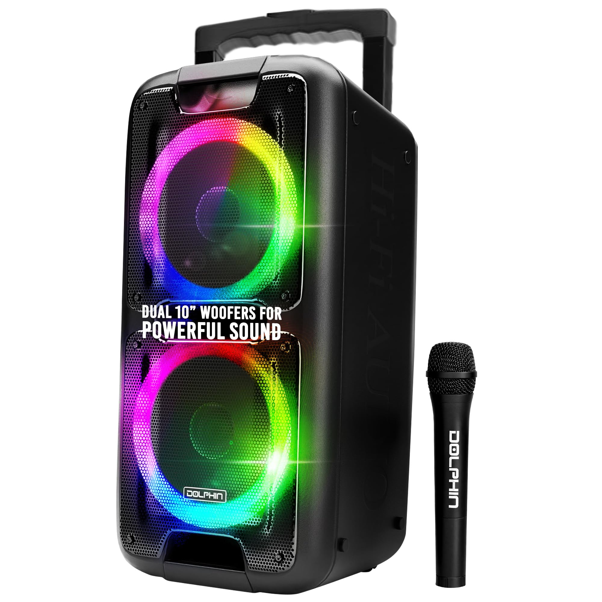 Party Speaker Dolphin Bluetooth SP-2100RBT-G - 10” Dual Woofers, Strong X-Bass, Sound-Activated LED, TWS, Extended Battery Life - Huge Bluetooth Party