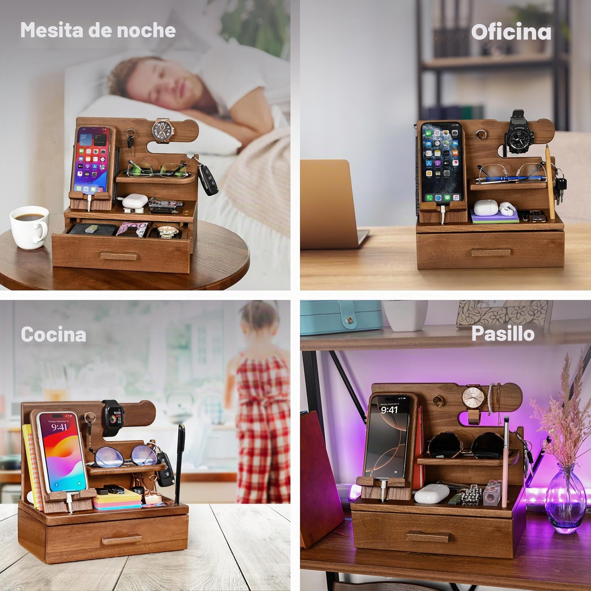 TESLYAR Estación de Acoplamiento de Madera para Teléfono con Cajón Organizador de Escritorio para Marido Regalos de Cumpleaños para Hombres Papá Regalo Padre Dia del Padre Regalos
