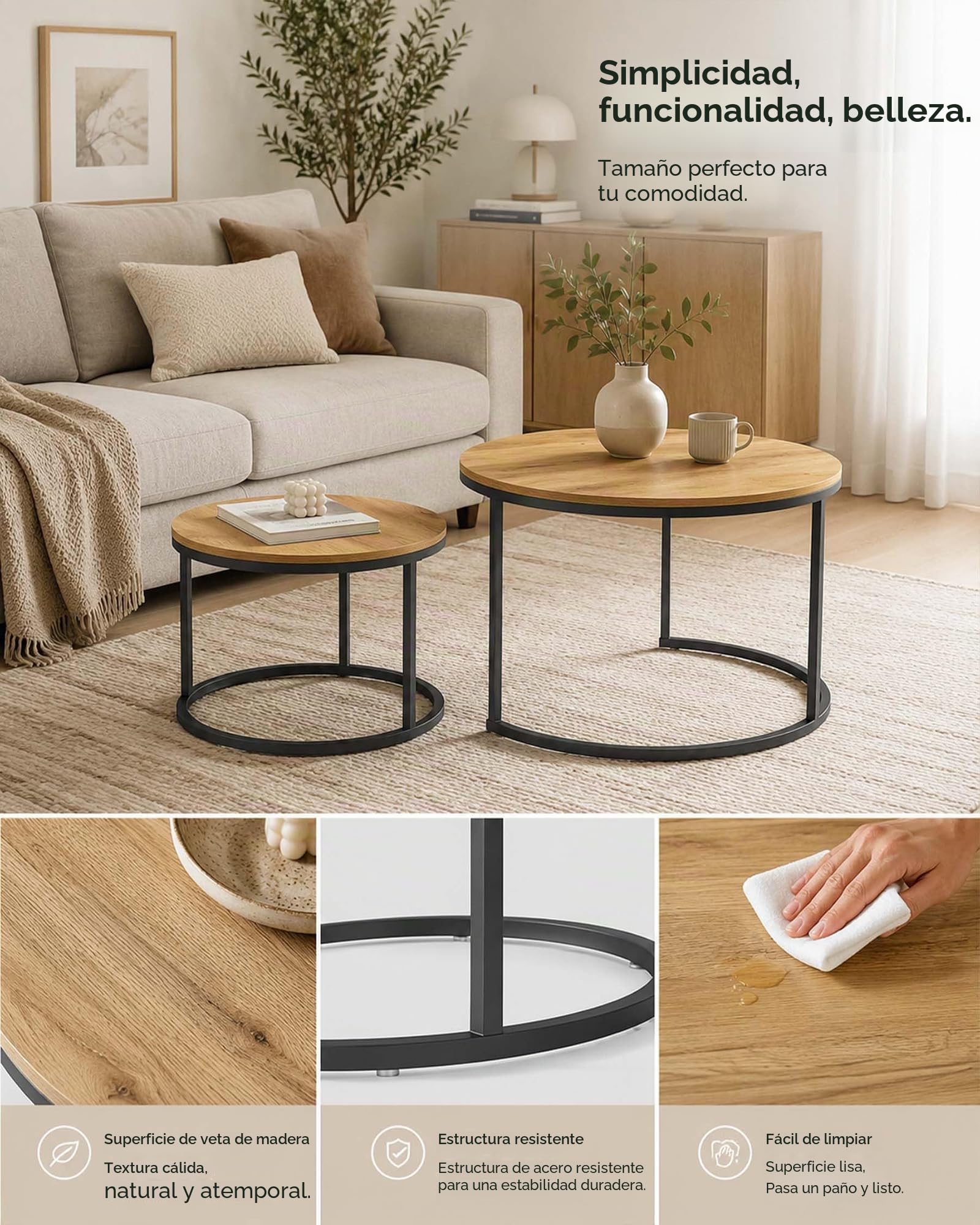 Juego de 2 Unidades Mesas Nido Salon, Mesa de Centro Redonda con Patas de Metal Negro, Mesa Centro Madera, Mesa Auxiliar Salon, Mesas Centro Salon