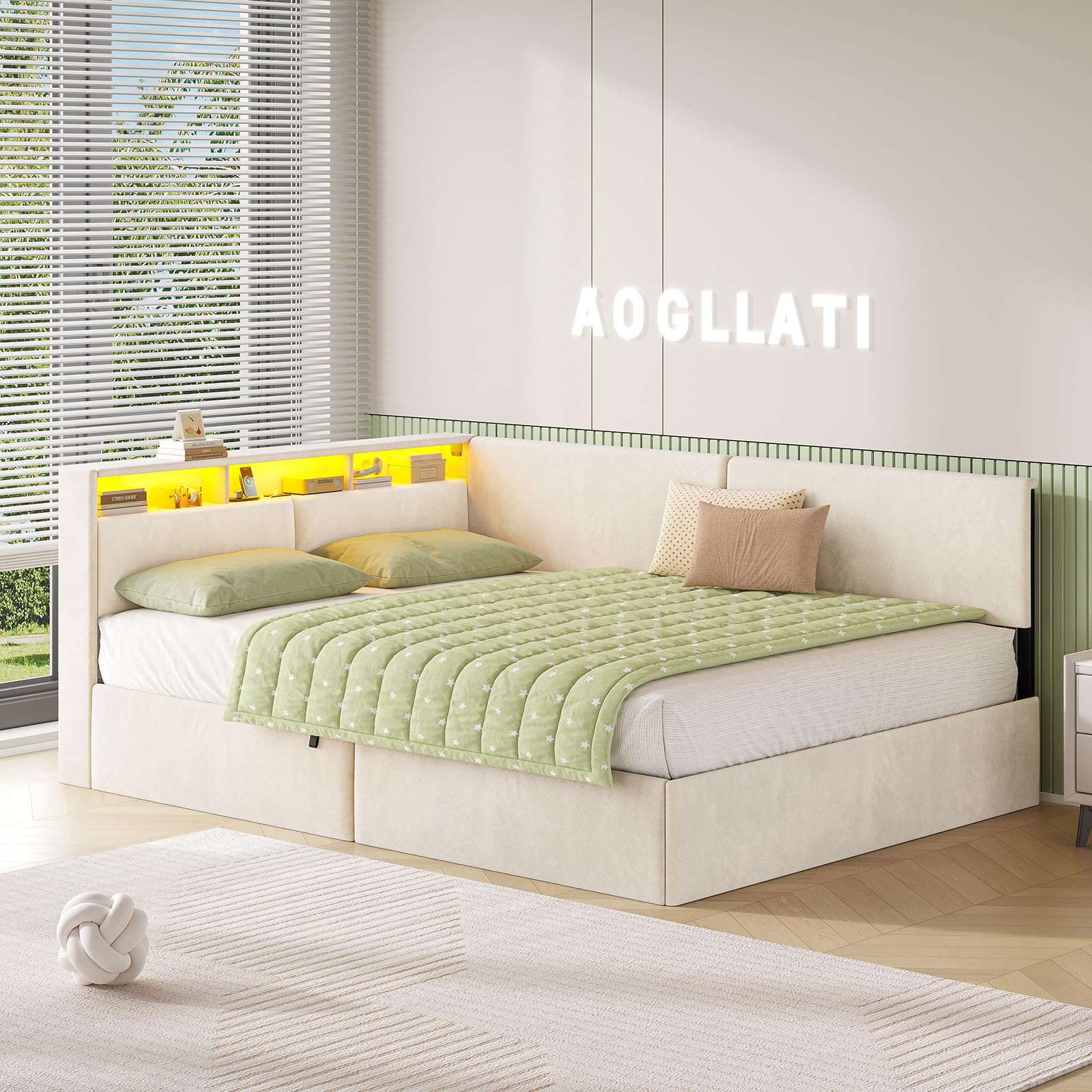 AOGLLATI Polsterbett Schlafsofa 140x200 mit USB-Steckdosen & hydraulischem Stauraum, Betten 140x200 mit LED-Kopfteil & Lattenrost, Kinderbett Tagesbett, Doppelbett, Beige Samt (ohne Matratze)