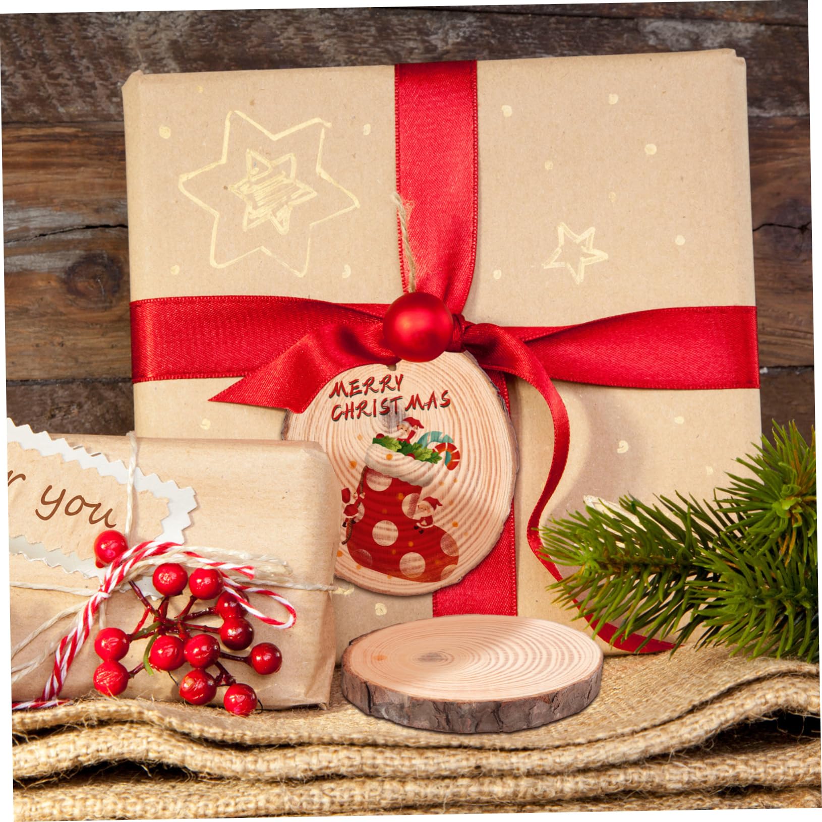 Runde Holzscheiben Ornamente 50 Stück Braun, Holz zum Basteln | Jutegarn, Rustikaler Naturstil, Vorgebohrte Aufhängebohrung, Vielseitig für Weihnachten und Klassenräume