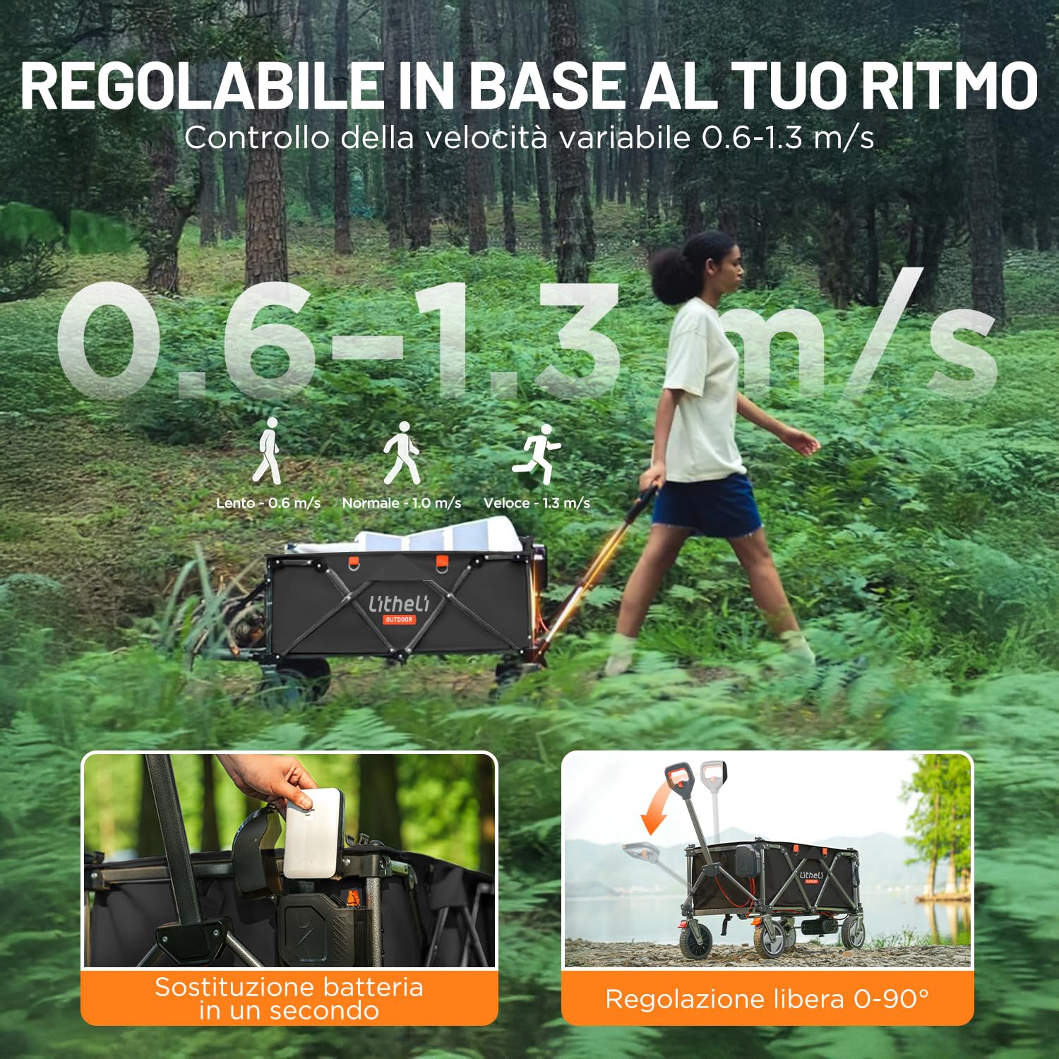 Litheli Carrello elettrico pieghevole, pieghevole, con freni, portata 200 l, 60 kg, adatto per campeggio, giardino, shopping (nero, 1 batteria)