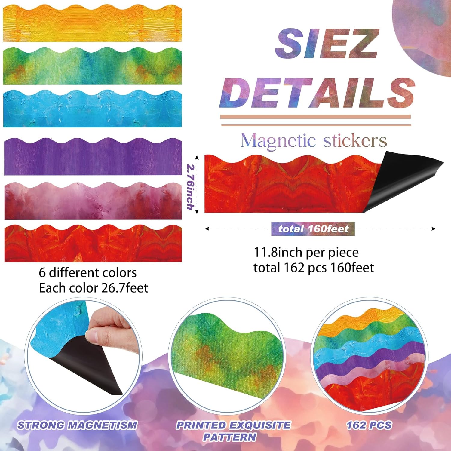 Tenceur 162 Pcs Magnetic Bulletin Board Borders for Classroom Bulletin Boarder Trim for Whiteboard Decorations Scalloped Trim Colorful Office Home Use Spring Summer Decor(Bright Colors)