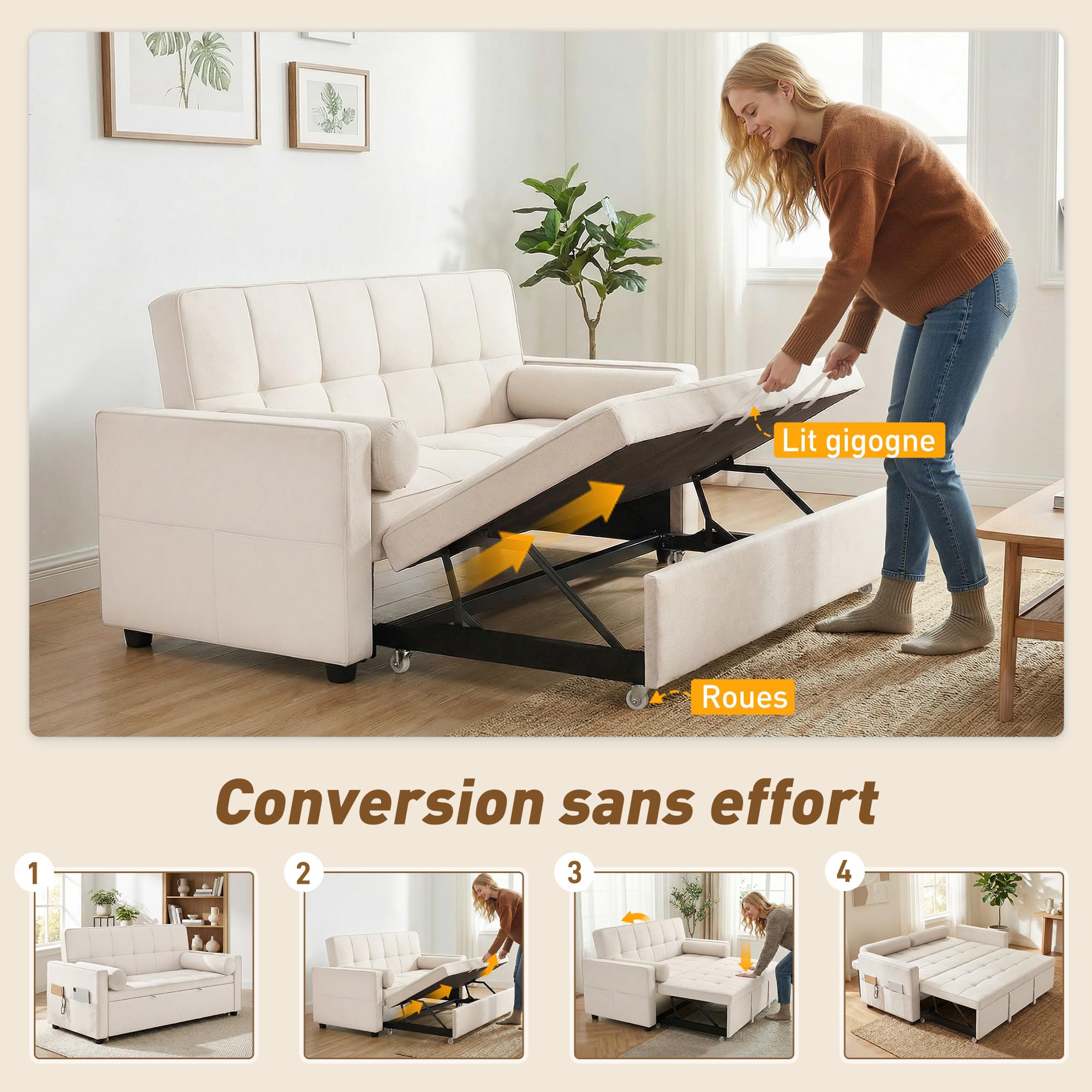HOMCOM Canapé Convertible 2 Places 3 en 1, canapé-lit capitonné, lit gigogne Double, Dossier réglable, 2 Coussins et Poches d'accoudoirs, Tissu Aspect Lin, pour Chambre, Beige