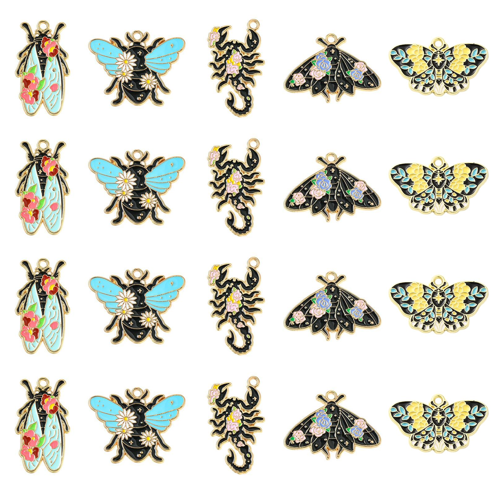 Stiesy 20Pcs 5 Styles Enamel Black Insect Animal Charms Pendants with Flower Butterfly Bees Beetle Scorpion Cicada Charms for DIY Crafts Gift Jewelry Making