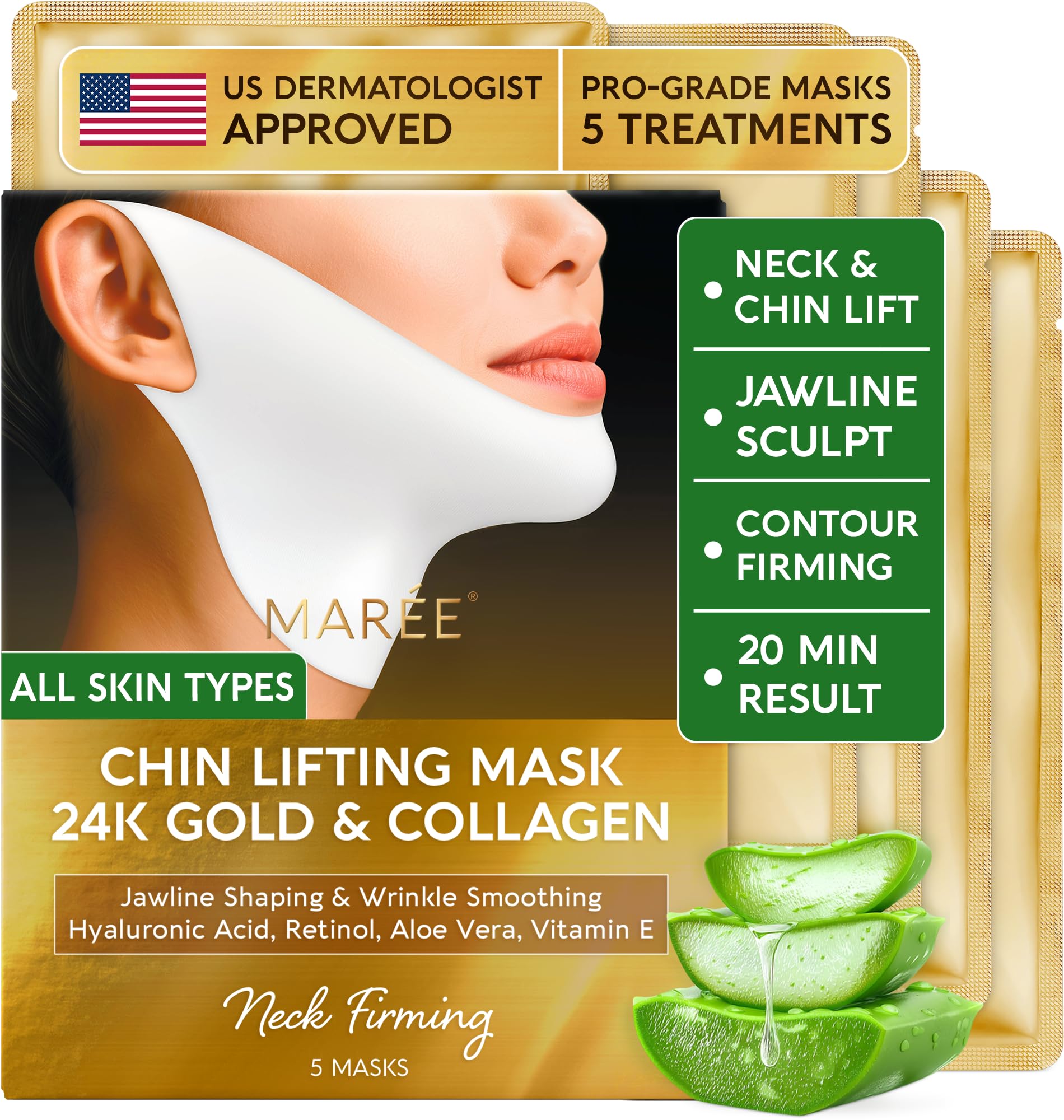 MAREE V Line Lifting Mask with 24K Gold – Deep Collagen Face Mask for Women – Jawline Shaper Mask with Retinol & Hyaluronic Acid – Neck Tightening & Firming – Double Chin Strap for Face Lift