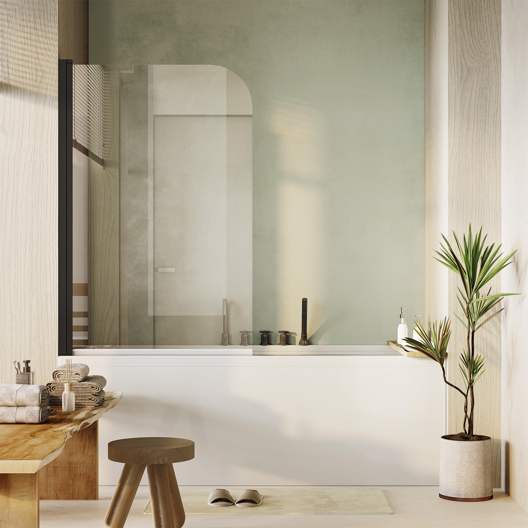 32" W x 55" H Frameless Tub Shower Door - 180° Rotatable 1/4"(6mm) Clear Tempered Glass Bathtub Shower Door- Reversible Glass Doors for Bathtub,Matte Black