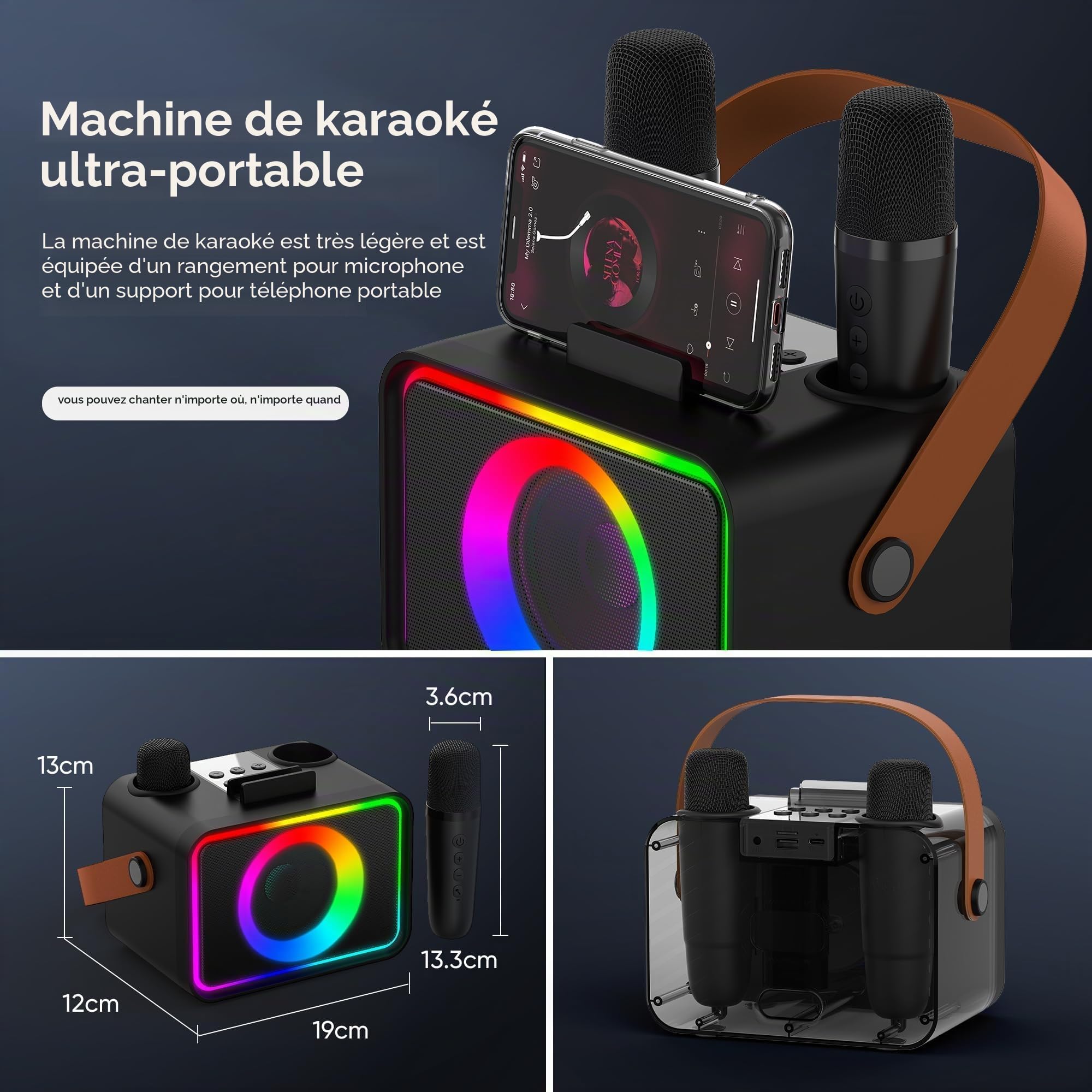 Machine de karaoké avec 2 Microphones pour Adultes et Enfants, Haut-Parleur de karaoké Bluetooth Portable pour Adultes et Enfants, système de sonorisation de fête avec lumières Disco pour