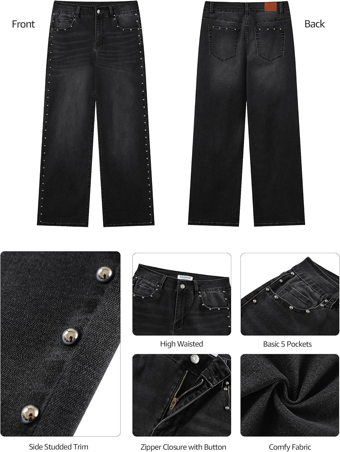 luvamia Women Jeans Wide Leg High Waisted Trendy Side Studded Embellished Distressed Stretchy Denim Pants Party Jeans