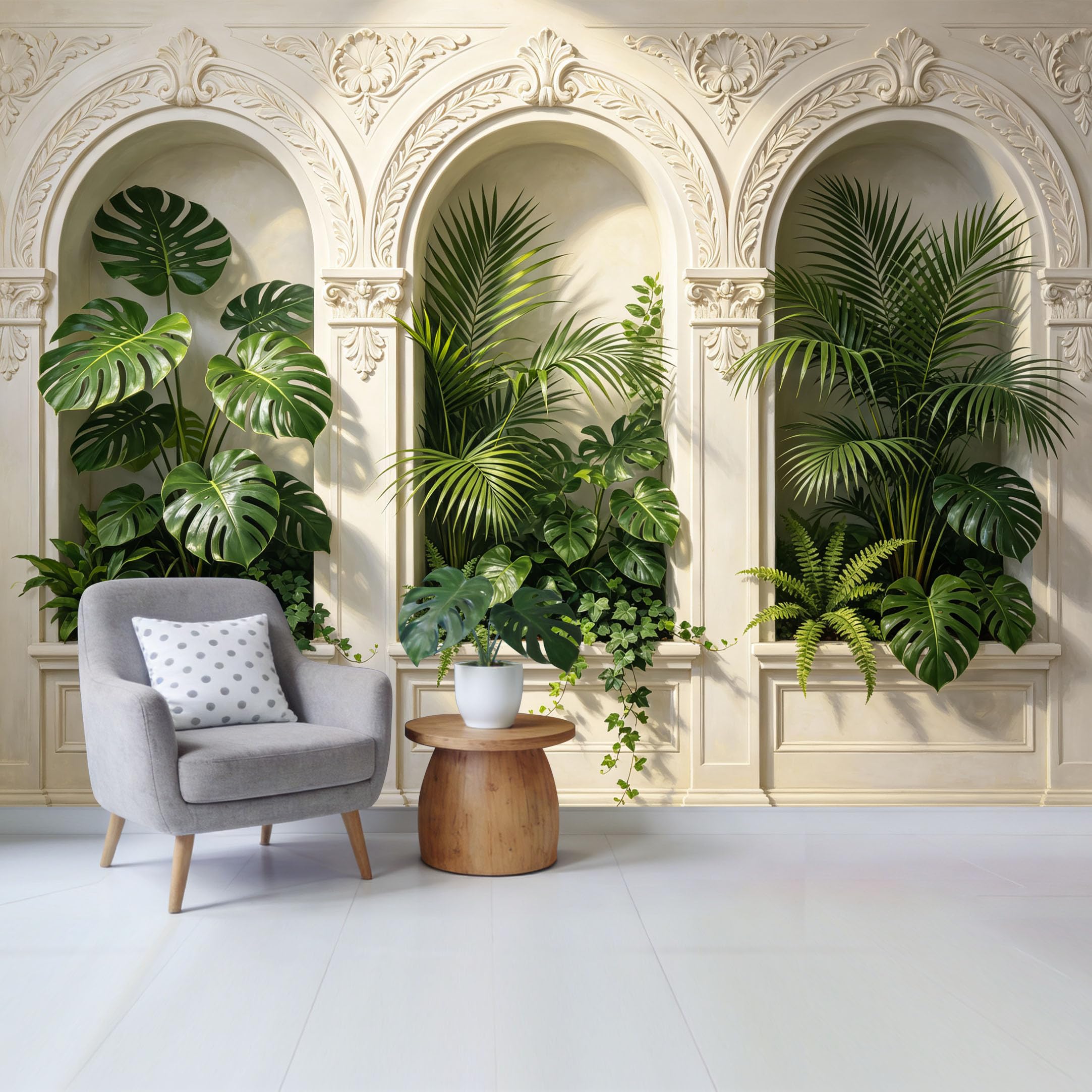 Custom Size Wall Mural Botanical Tropical Green Monstera Palm Leaves with Classic Arch Design Removable Self Adhesive Fabric， Home Wall Decor for Living Room Bedroom Bathroom
