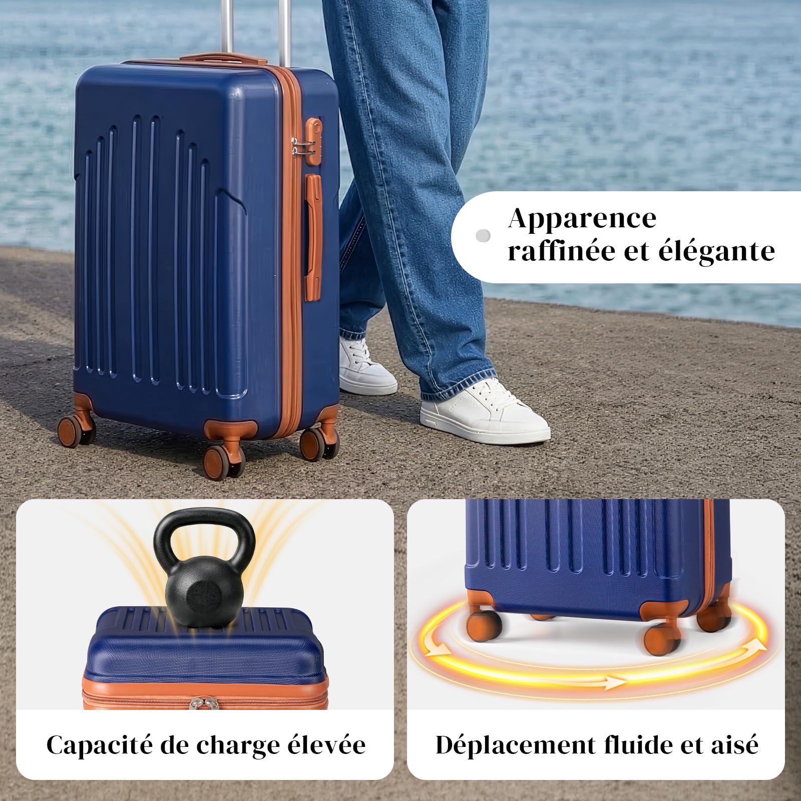 LALAHO Set de 4 Valises avec Vanity Case, Valise Grande Taille/Cabine, Petite Valise, Bagage Suitcase en ABS (Marine-Brun)