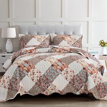 Dinjoy Queen Quilt Set, 3 Pieces Brown Floral Patchwork Bedspread