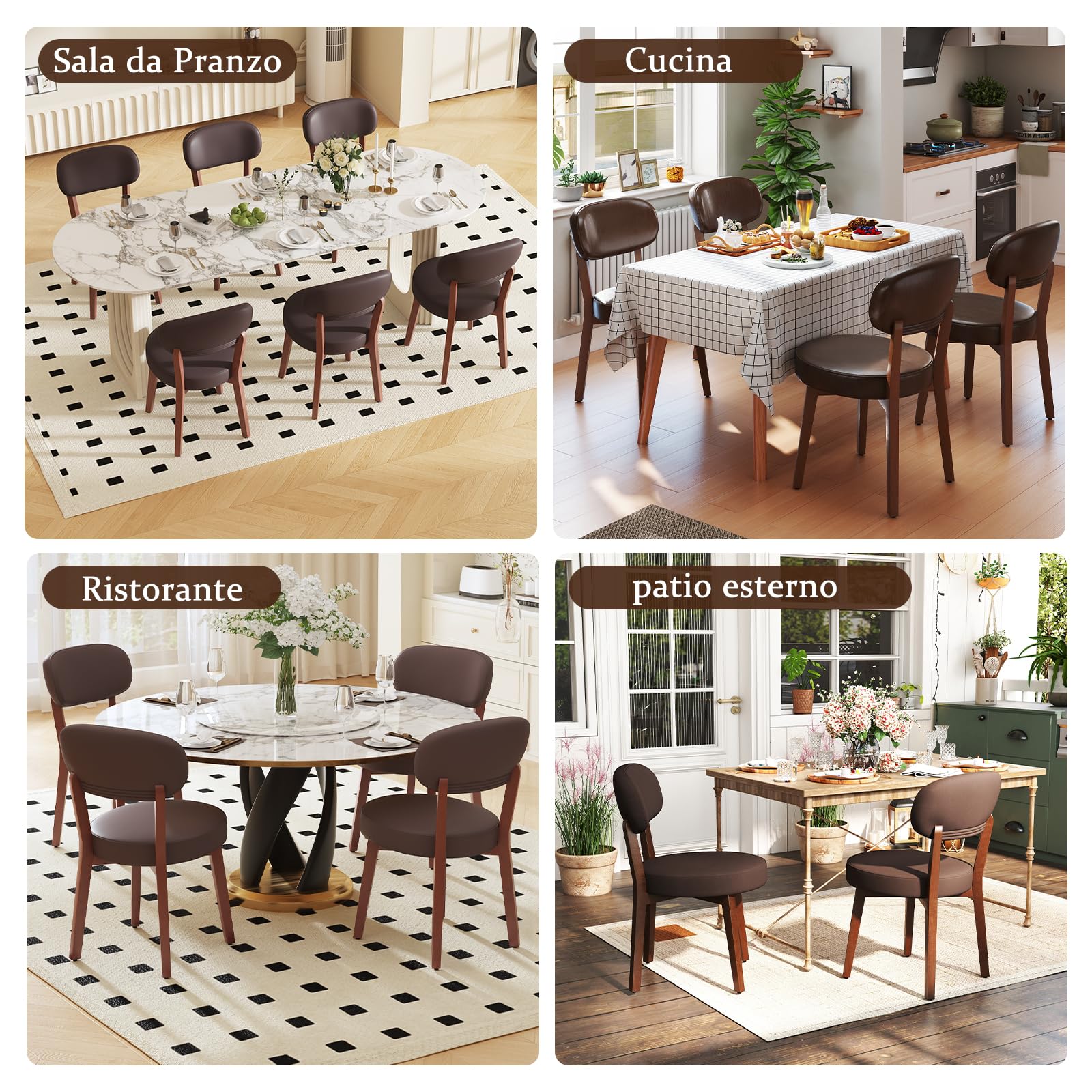 Set di 6 Sedie da Pranzo, Sedie da Cucina in PU, Poltrone da Salotto con Gambe in Legno, Sedia Imbottita Sala da Pranzo per Sala da Pranzo Cucina Soggiorno Camera da Letto, Marrone
