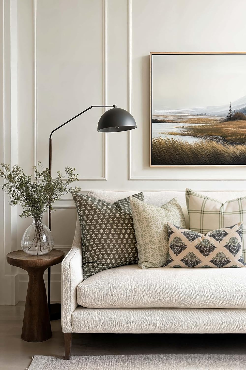 Crumbs Home Modern Farmhouse California Casual Indoor Outdoor Throw Pillow Cover, 22"x22" Water Repellent for Patio, Backyard, Couch, Poolside, Olive Green Block Print Floral