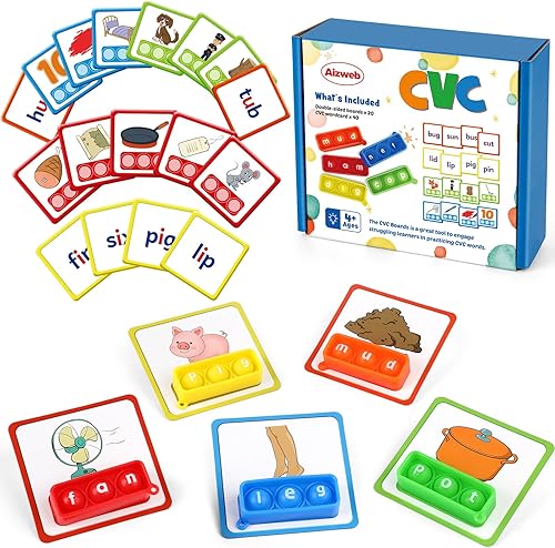 Aizweb Juego de palabras CVC, juegos de fonética, tarjetas flash para preescolar jardín de infantes, suministros de aula, educación especial,