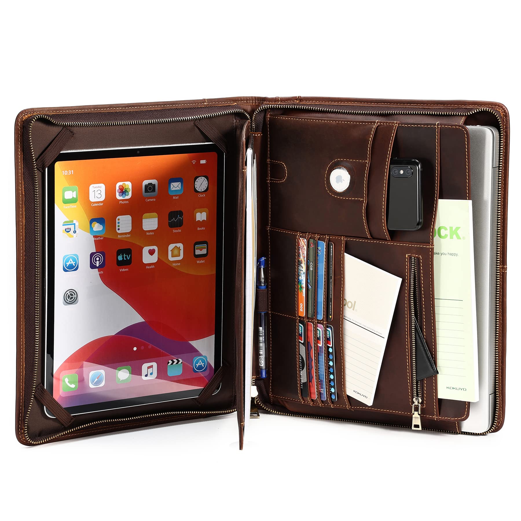 Leather Portfolio Organizer, Leather Padfolio for Men with Handle, Zippered Professional…
