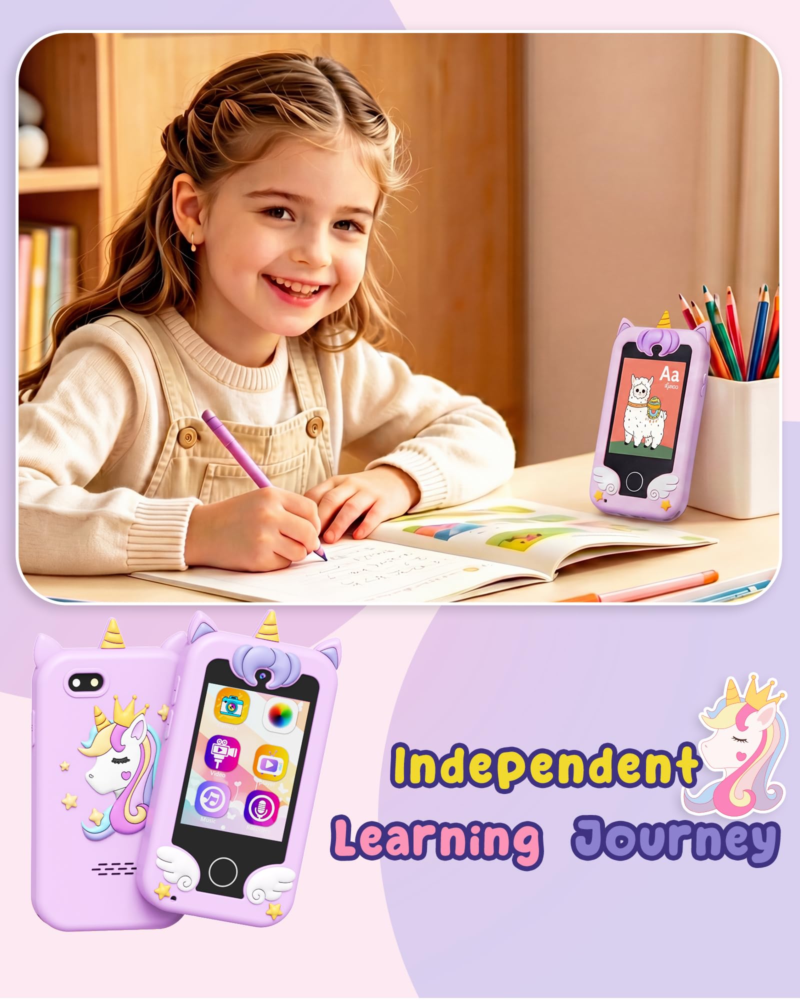 UCIDCI Téléphone Enfant Jouet pour Fille 3-7 Ans, Baby Phone avec Caméra Double, Téléphone Portable pour Enfant Jeux Éducatif 3 Ans, Lecteur MP3 Jouet Enfant 3 Ans Cadeau Enfant Anniversaire (Violet)