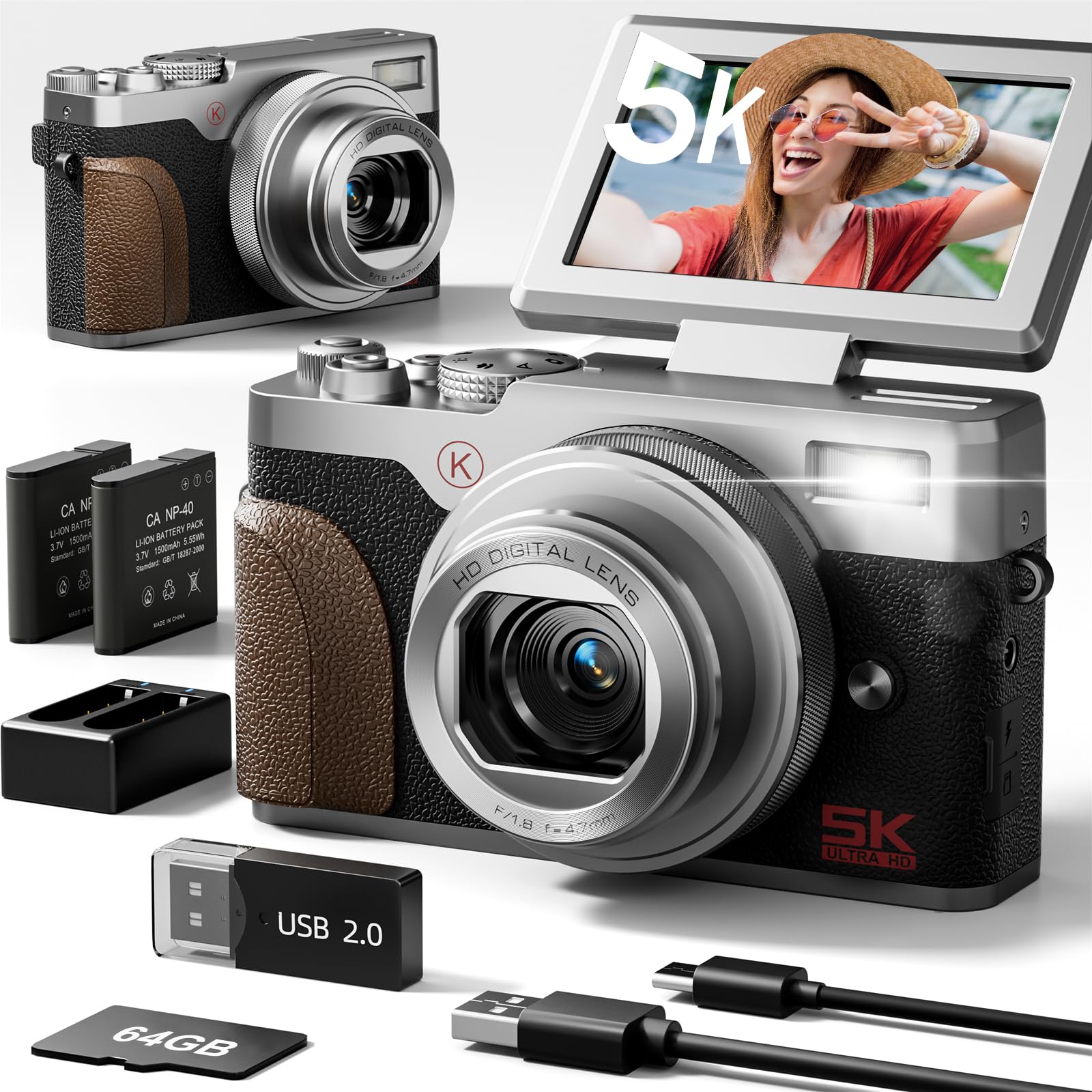 NBD 5K Vlogging Cameras Autofocus,64MP Digital Cameras for Photography,18X Zoom Travel Camera with Anti-Shake,2 Batteries,64GB TF Card(Silver)-picture-27
