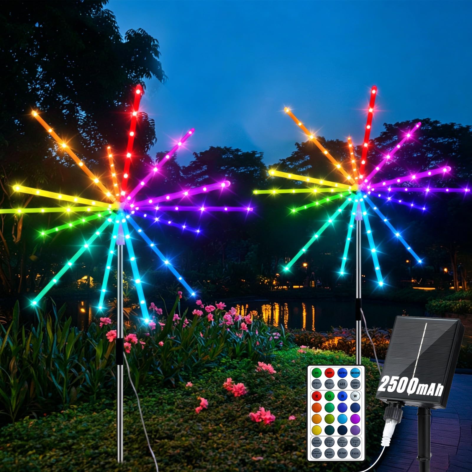 GCMacau 2500mAh 16 RGB Solar Garden Outdoor Lights, 2 Packs 448 LED Solar Firework Lights, IP65 Waterproof 8 Modes&Timer Starburst Decorative Light for Terrace, Courtyard, Balcony