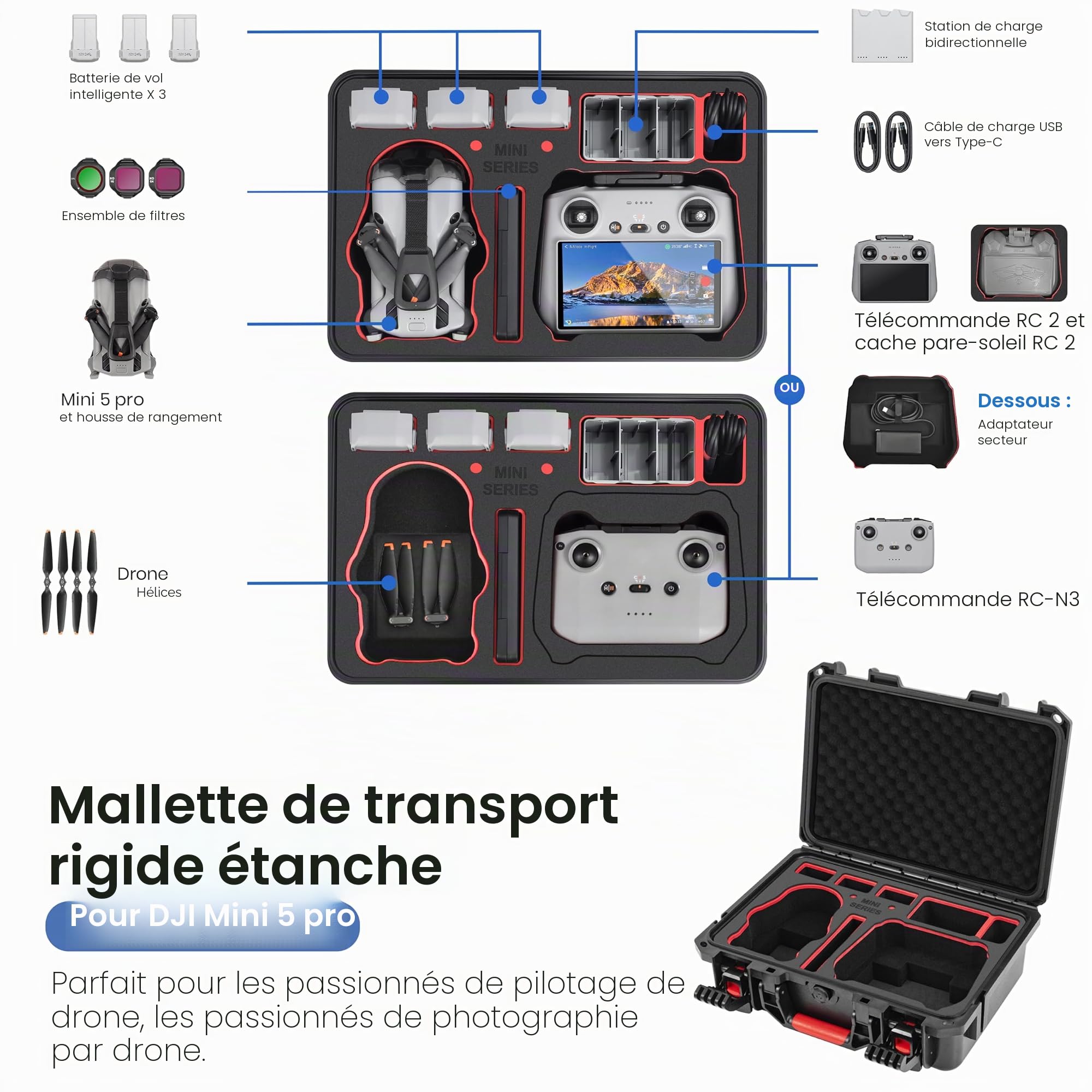 STARTRC Étui de Transport Rigide étanche pour DJI Mini 5 Pro Fly More Combo Accessoires pour contrôleur DJI RC 2/RC-N3, 7 Batteries et hub de Chargeur [Coque Uniquement]