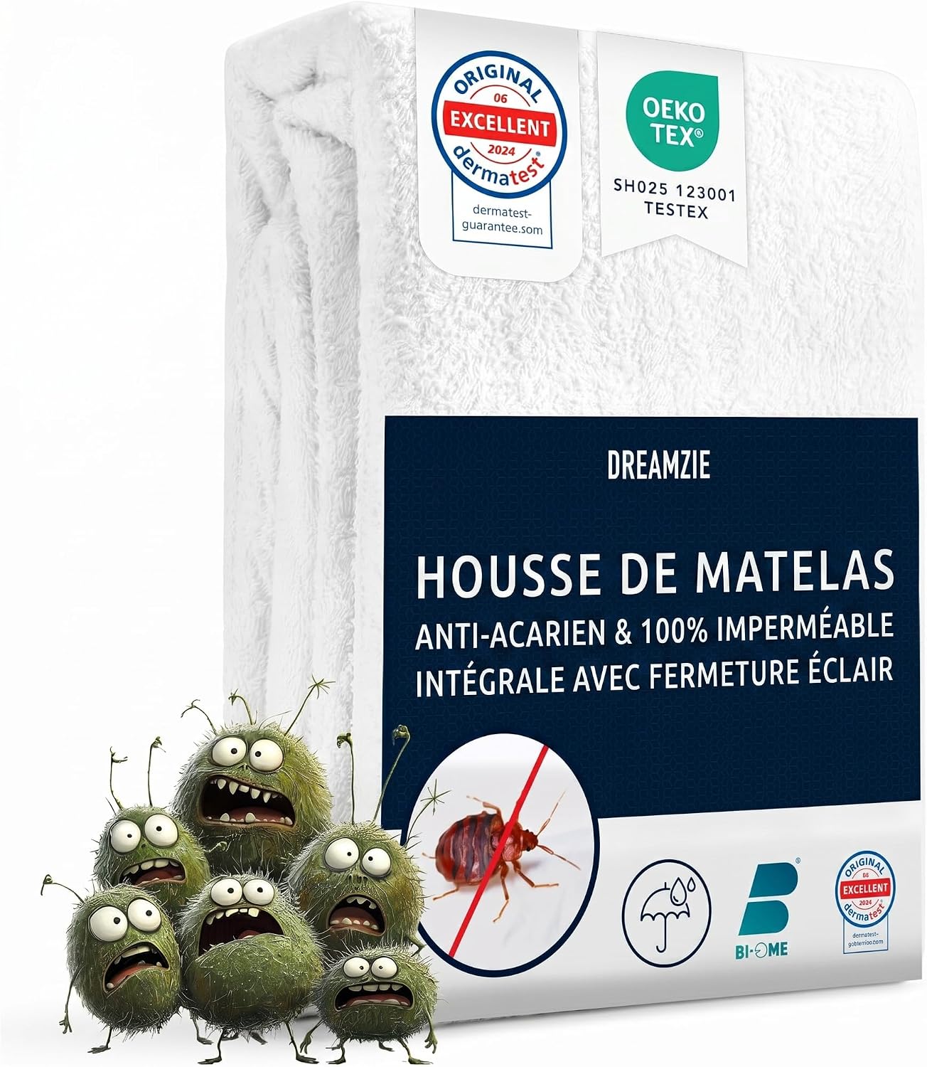 Dreamzie Housse Matelas 135 x 190 x25 cm Intégrale Anti-Acarien et Punaises de Lit - Protege Matelas 135x190 cm avec Fermeture Eclair pour Allergiques - Imperméable, Bi-Ome et Oeko-Tex — vue 2