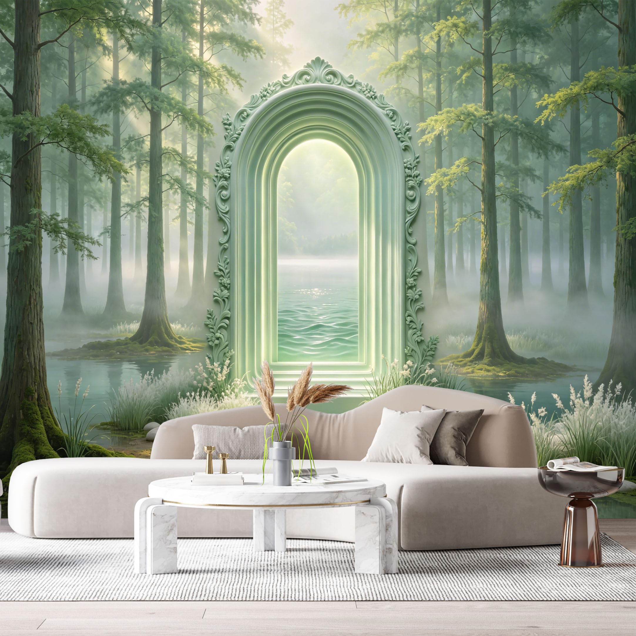 Custom Size Wall Murals Forest Lake Archway Neoclassical 3D Trompe L'Oeil SelfAdhesiveWall Fabric Removable Wallpaper Wall Decor for Living Room Bedroom Bathroom