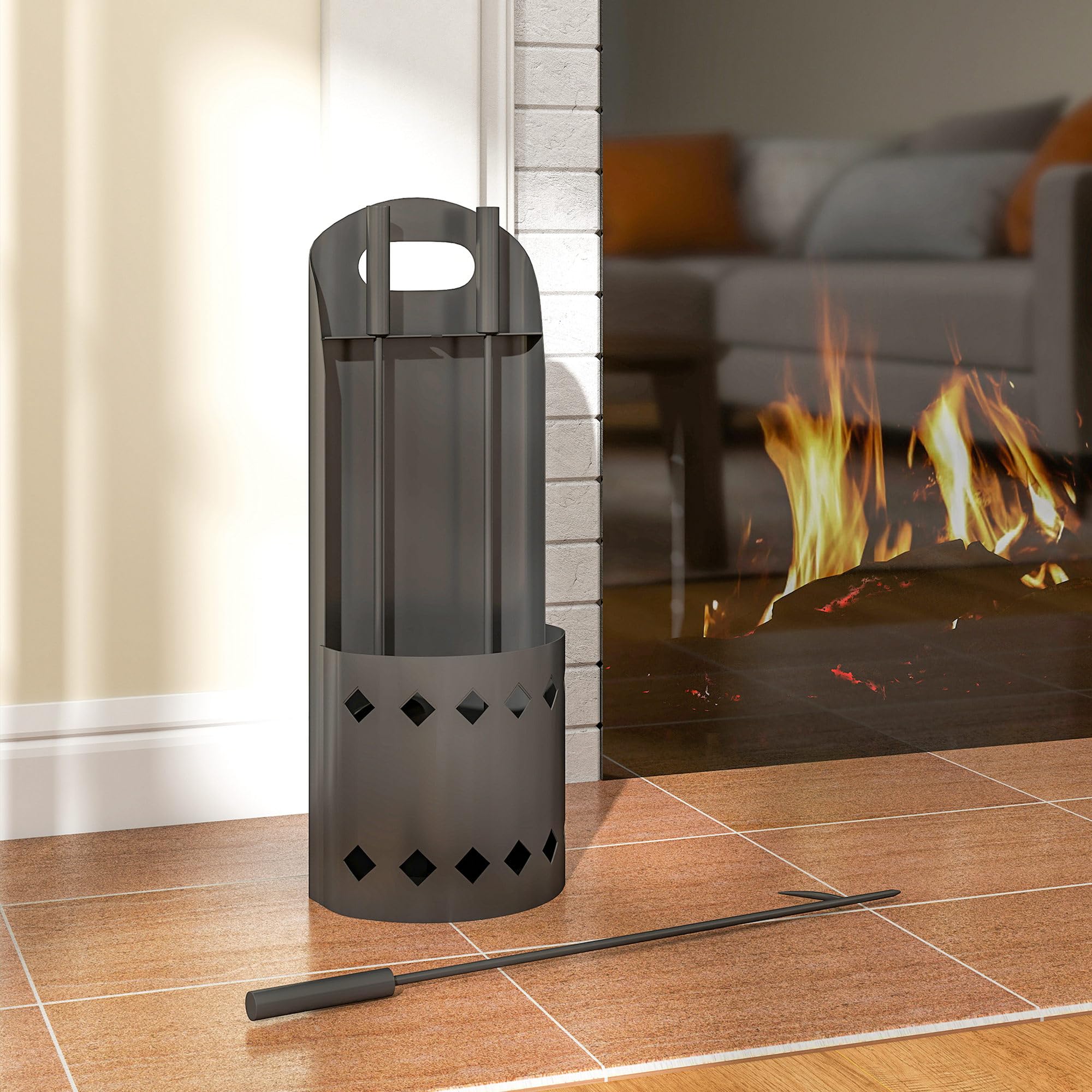 Outsunny Juego de 4 accesorios de chimenea de metal, juego de accesorios para chimenea con escoba, pala, póquer, cubo, color negro