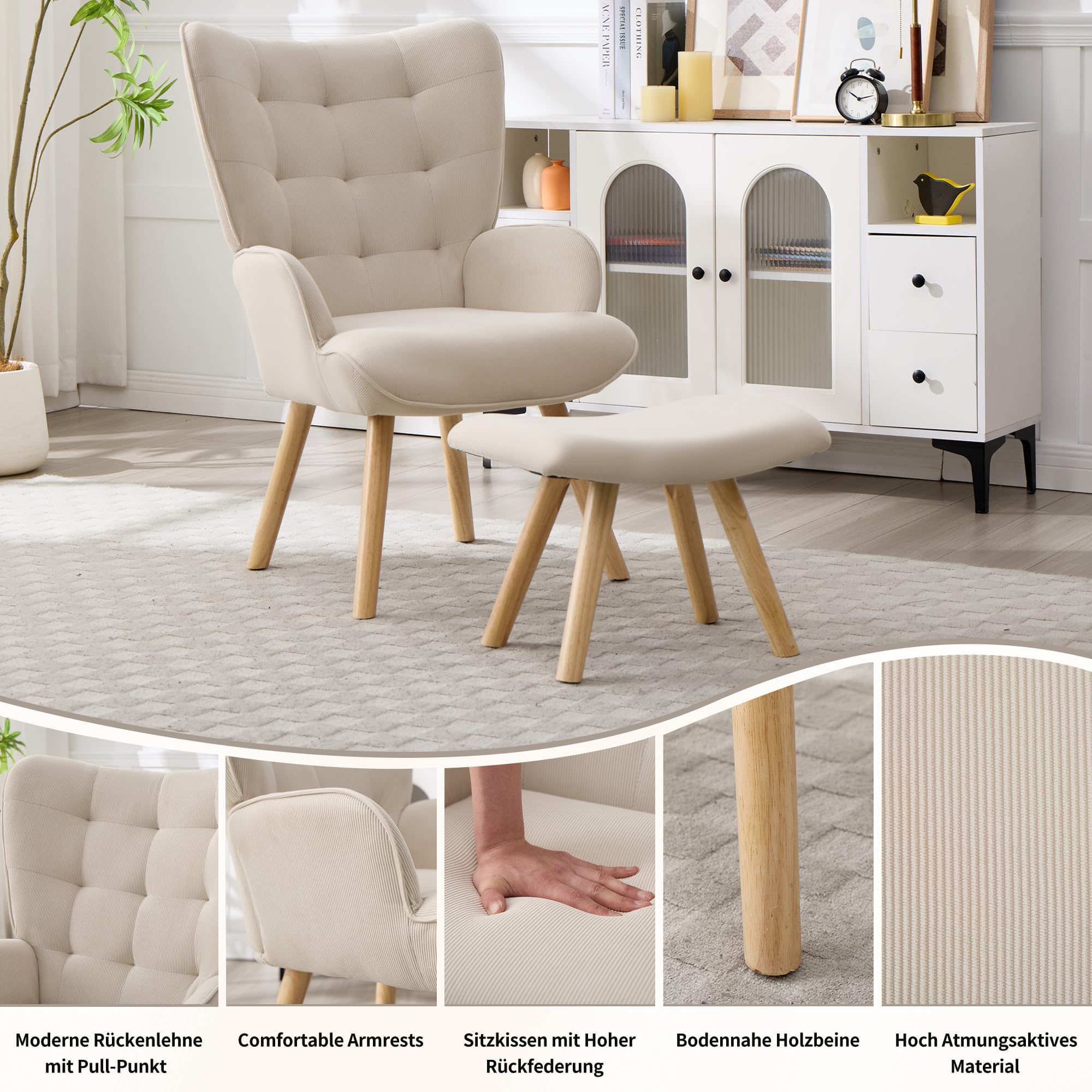 EBELLO Ohrensessel mit Hocker Sessel Wohnzimmer Loungesessel mit Cord-Stoff