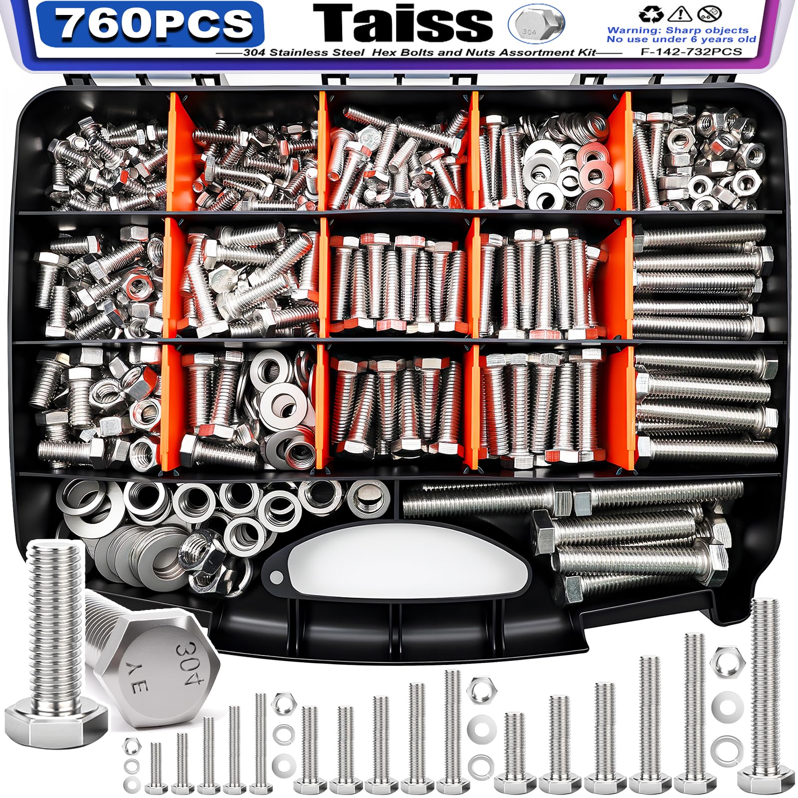 Taiss 760PCS 304 Stainless Steel Hex Bolts Kit,1/4-20 5/16-18 3/8-16 1/2-13