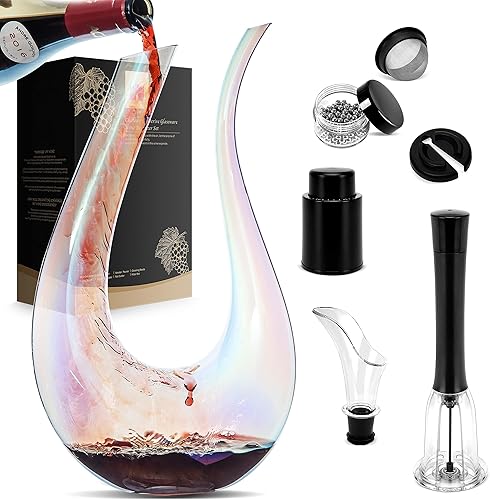 Juego de decantador de vino, jarra iridiscente de vino tinto de 40.6 fl oz con abrebotellas, tapón, cuentas de limpieza y vertido de vino, juego de