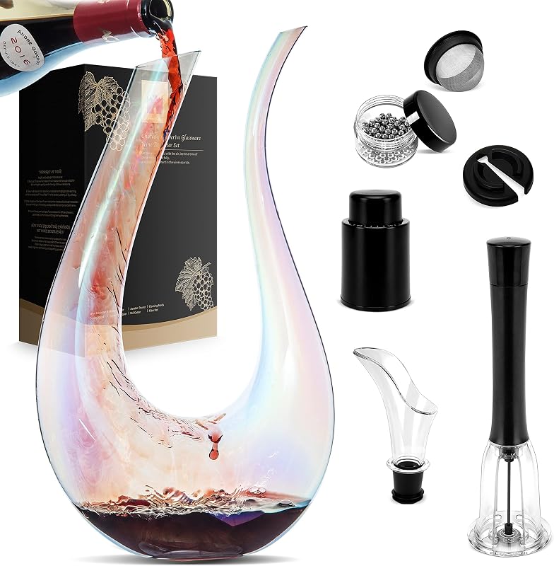 Juego de decantador de vino, jarra iridiscente de vino tinto de 1200 ml con abridor de botellas, tapón, cuentas de limpieza y vertedor de vino, juego de regalo de aireador de vino colorido, respiradero de vino, accesorios de vino de cristal sin plomo