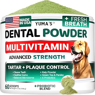 YUMAS Advanced Dog Dental Powder: Breath Freshener, Tartar & Plaque Remover with Probiotics & Multivitamins for Healthy Teeth