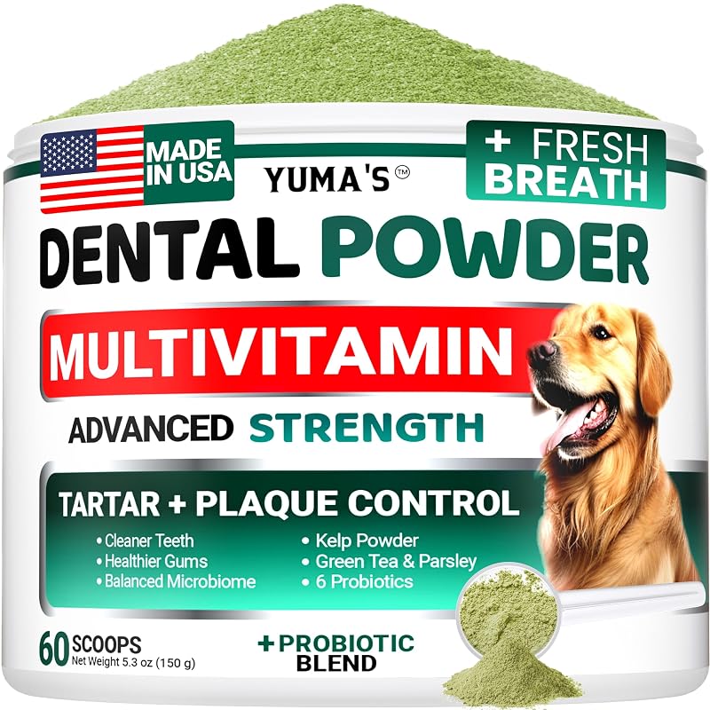 Pó dental multivitamínico para cães YUMA'S para cuidados com os dentes e hálito, 60 porções