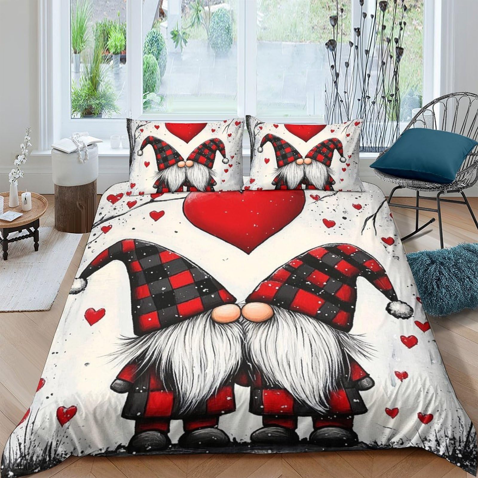 Ctjqhvkz Style-6 3D Printed Gnome Couple Fitted Sheet Microfiber Red Plaid Heart Bed Cover For Bedroom Dorm Mattress Protection Single（135X200cm）