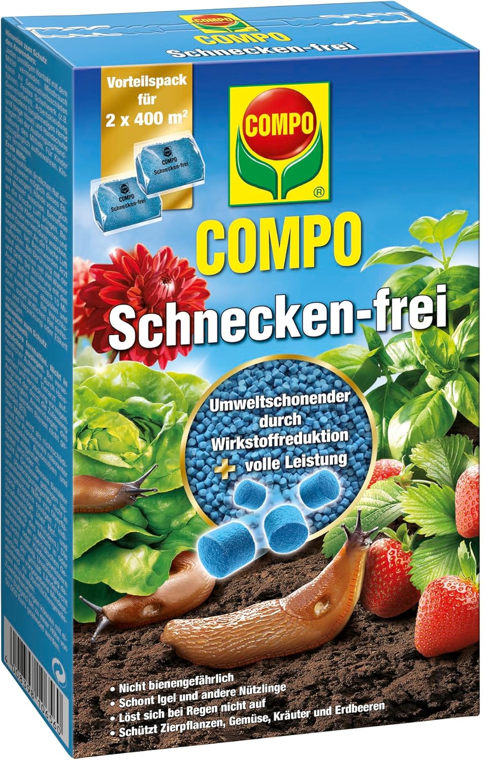 COMPO Snail Free – Snail Grain – Rainproof – Spreading Granules Against Snails in Value Pack – Enough for up to 800 m² – 2 x 200 g, Snail Free, Blue