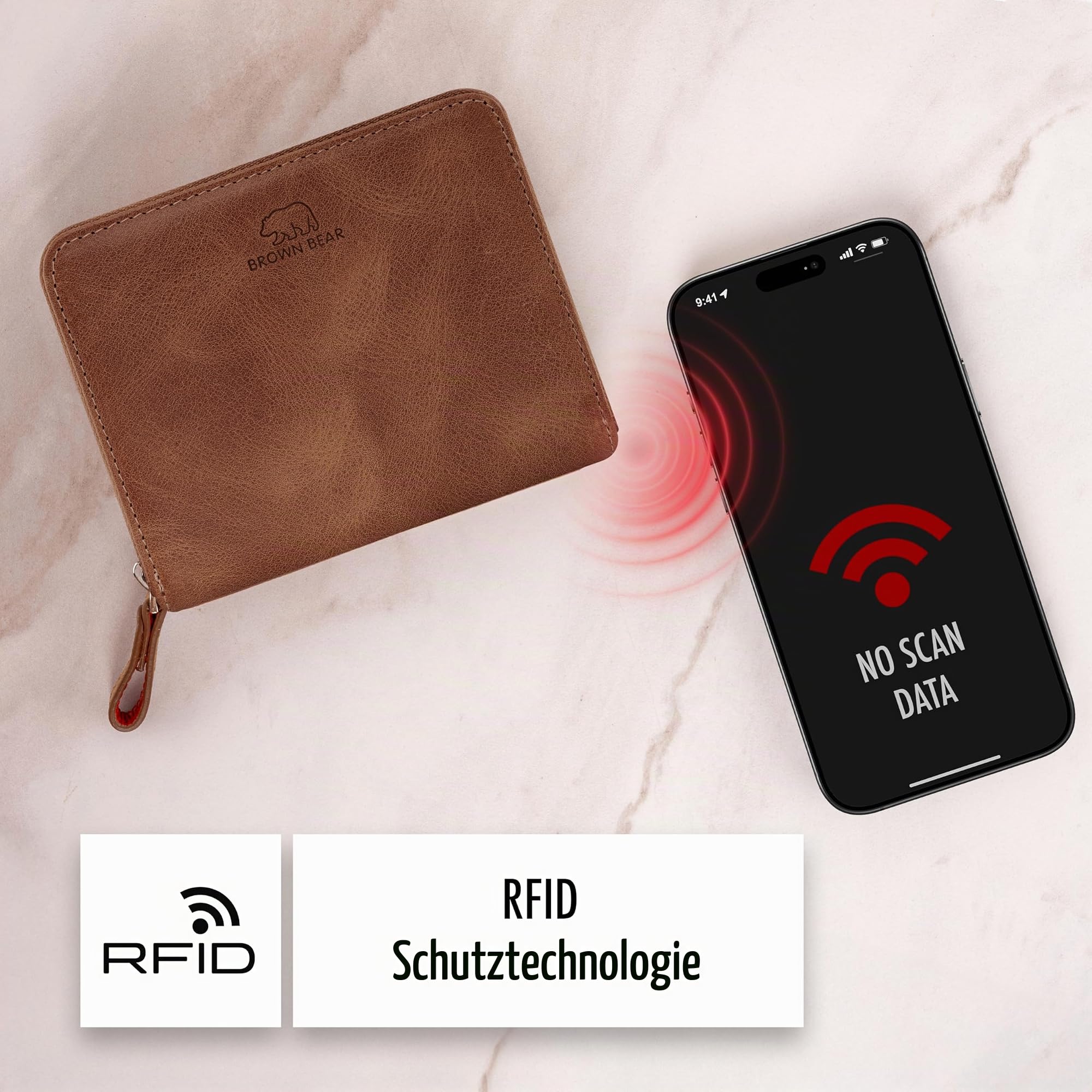 BROWN BEAR Geldbörse Leder Braun mit Reißverschluss & Münzfach - BB Pia HBR | Echtleder Whiskey Vintage Portemonnaie Unisex für Damen und Herren Geldbeutel RFID-Schutz viele Fächer kompakt