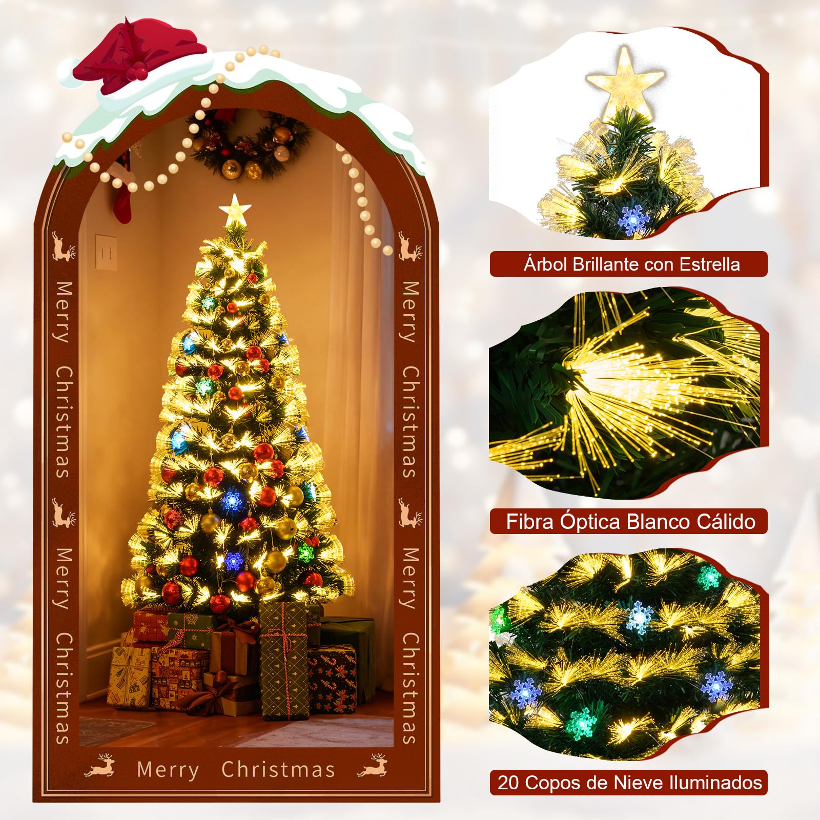 COSTWAY Árbol de Navidad de Fibra Óptica 150 cm, Arbol de Navidad con Luces Incorporadas, 8 Modos de Luz, 170 Puntas de PVC, 20 Copos de Nieve, Estrella, Arvore de Natal Hogar Oficina (150cm)