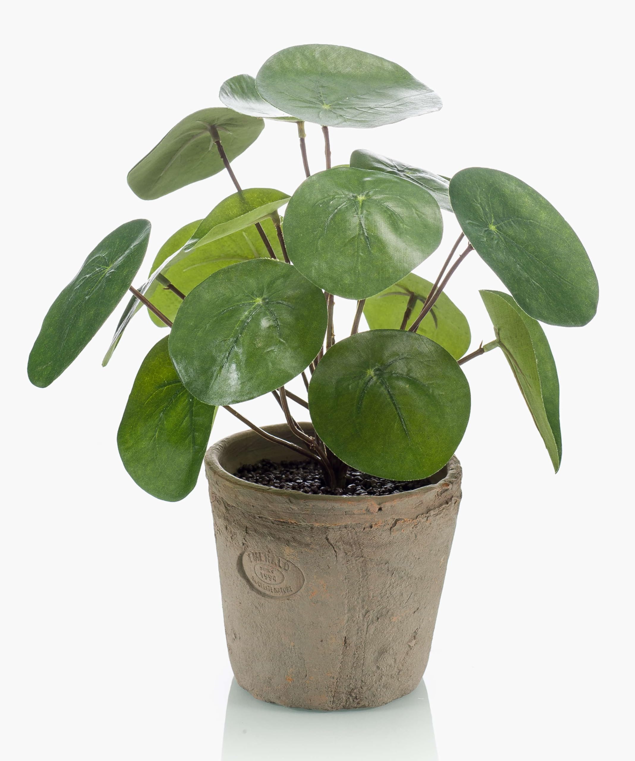 artplants.de Fake Pilea peperomioides SYBIL in terracotta pot, green, 8"/20cm - Fake cactus/Artificial Chinese money plant