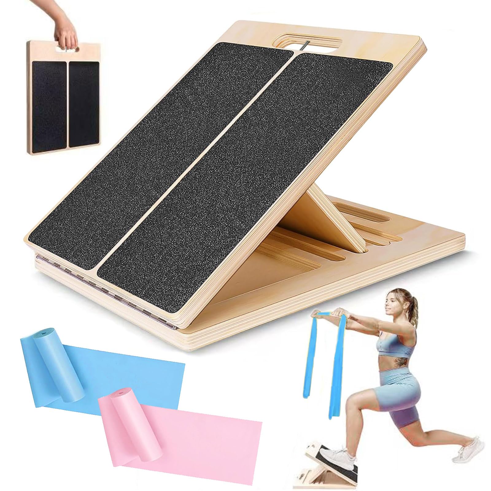 Slanted Board and Mobility Board, Wooden Balance Board, Calf Stretcher for Physiotherapy, Adjustable, Slant Board and Balance Trainer with Fitness Bands for Home Training & Muscle Stretching