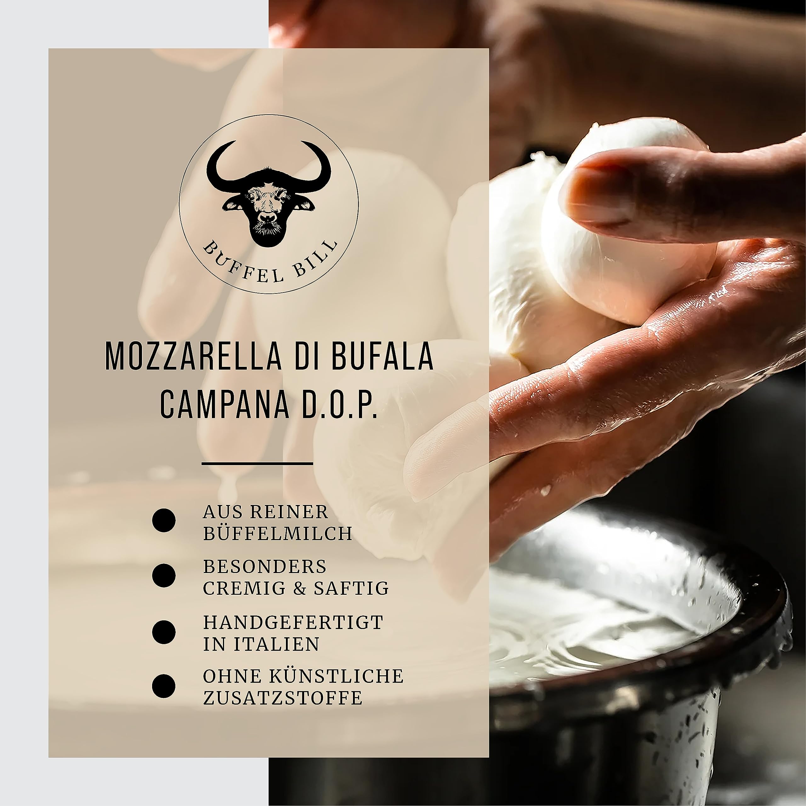 BÜFFEL BILL Mozzarella di Bufala Campana D.O.P. I 4x250g Kugeln I Cremig-weicher saftiger Mozzarella aus italienischer Büffelmilch I Geschmacksintensiv