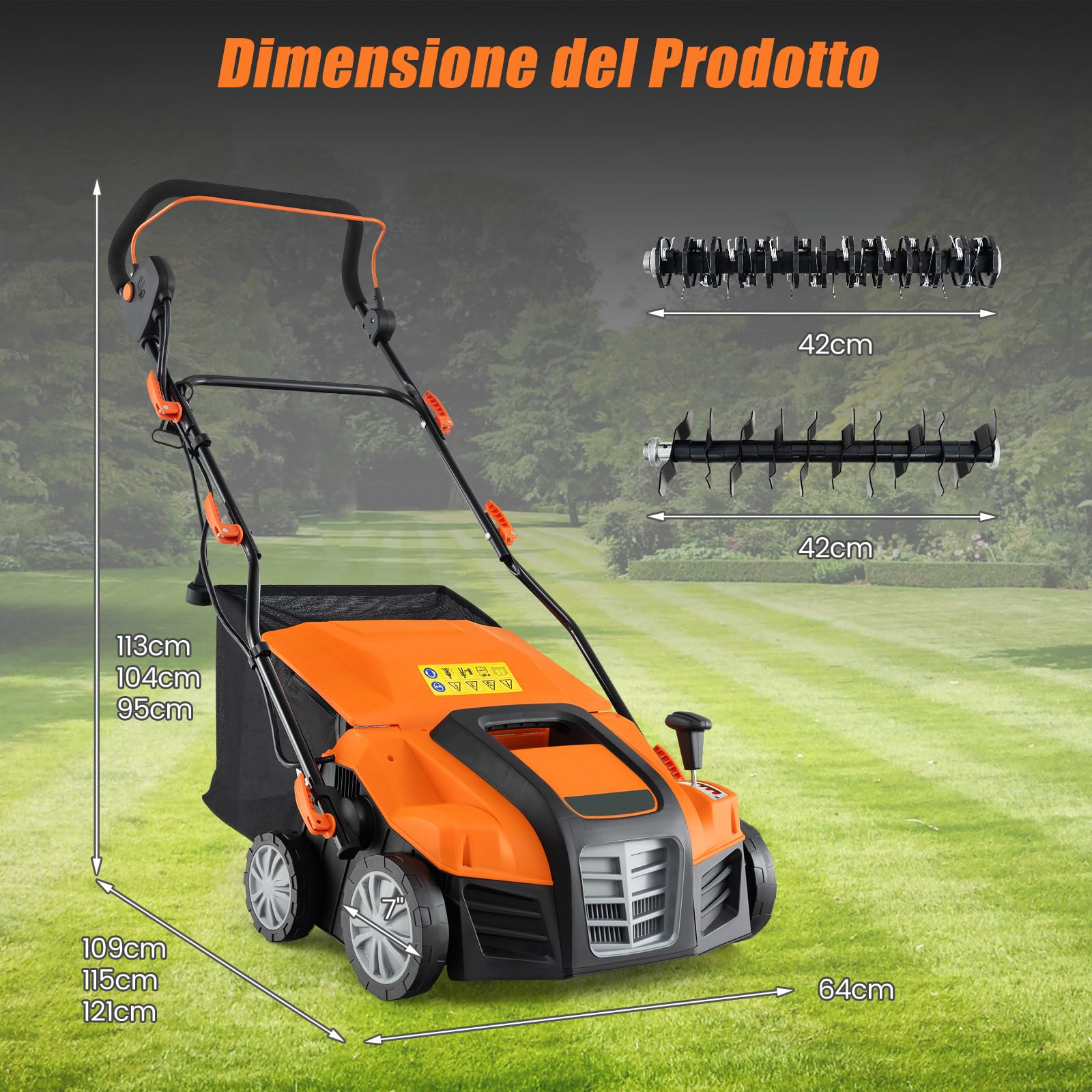 COSTWAY 2 in 1 Scarificatore Elettrico, 40 cm, 2000W, 3500rpm, Erbicida Pieghevole con Sacca di Raccolta da 55L, Regolazione Profondità 5 Livelli, Adatto Prato 800 ㎡ (Arancione)