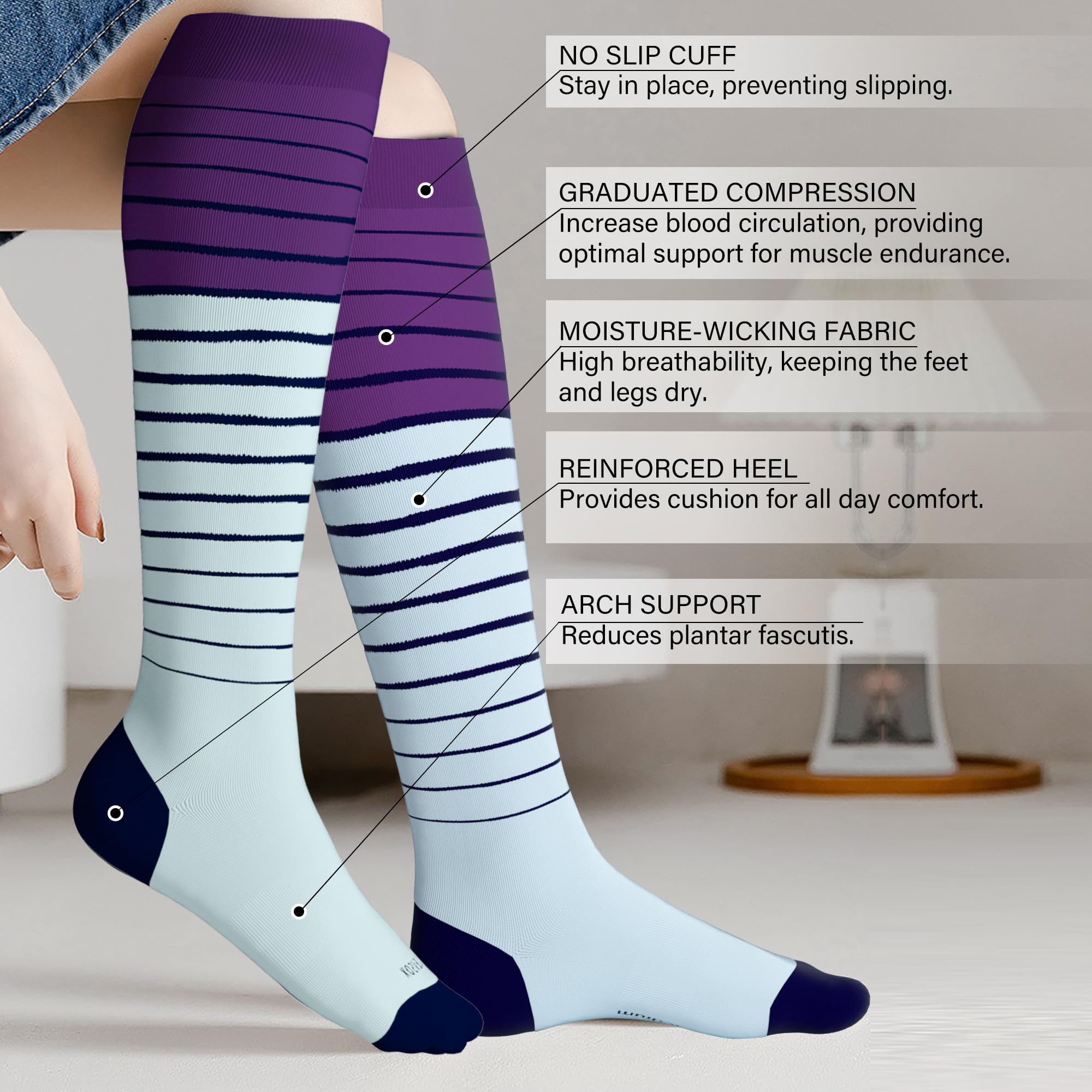 LEVSOX Calcetines de compresión de viscosa para mujeres y hombres, 20-30 mmHg, hasta la rodilla, bonitos calcetines de apoyo para enfermeras, embarazadas, viajes