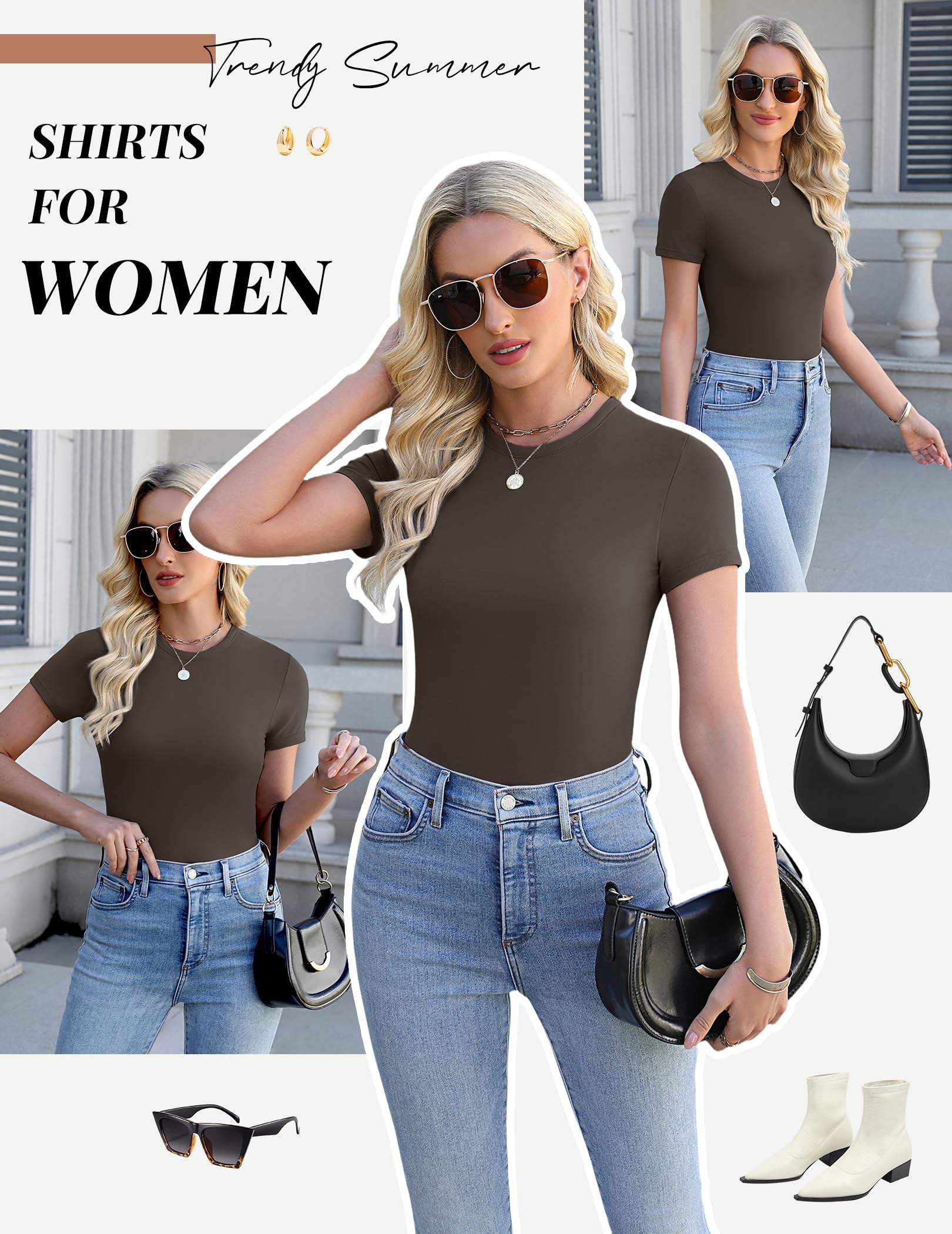 Ekouaer Damen 3 Pack T-Shirts Rundhals Unterhemd Kurzarm Stretch Oberteil Slim Fit Basic Crop Tops Sommer Outfit S-XXL
