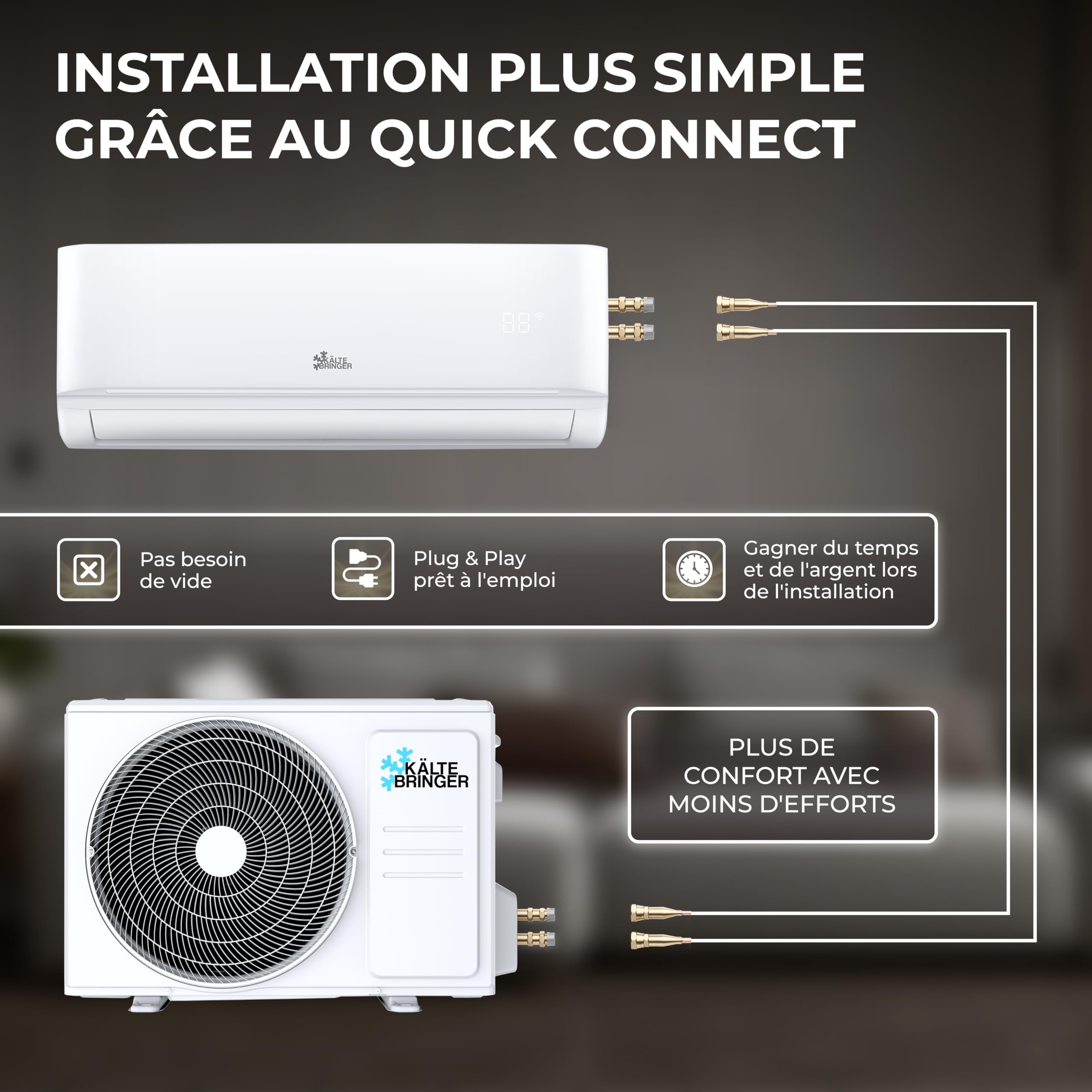 Kältebringer Climatiseur Split Réversible Prêt à Poser, 12000 BTU/h (3,5 kW), Gaz Préchargé, Wi-Fi/Application, Refroidissement A++ / Chauffage A+, Réfrigérant R32, Support Mural Inclus
